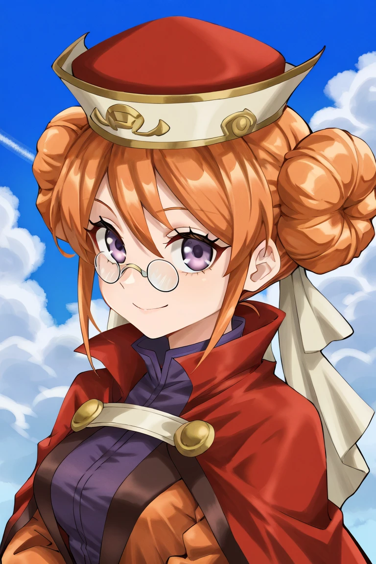 <lora:EudyIL:0.9>, eudef, 1girl, purple eyes, orange hair, double bun, doughnut hair bun, (pince-nez glasses), (red cape), hat, veil, orange coat, shirt under coat, purple shirt, exterior, sky, clouds, closed mouth, smile, (upper body), portrait, looking at viewer, solo, masterpiece, very aesthetic, absurdres, best quality, amazing quality, high resolution, detailed background, <lora:illustrious_quality_modifiers_masterpieces_v1:0.8> ,