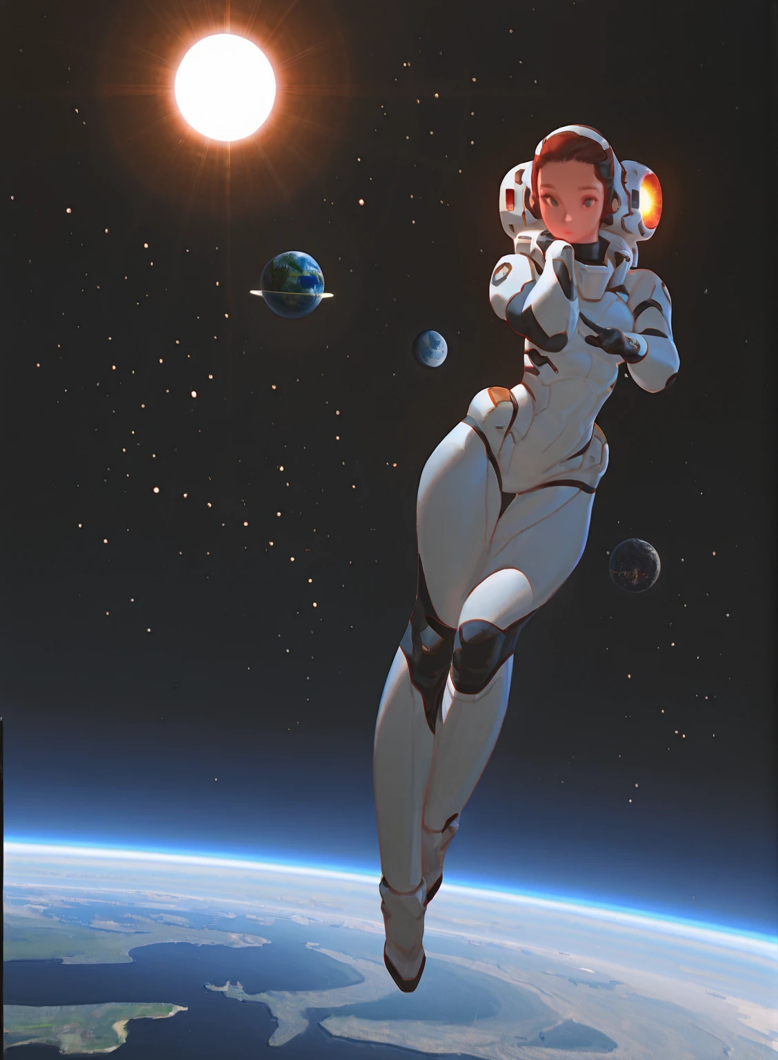 1girl, dynamic pose, sexy pose, science fiction, space, spaceship, sun, earth, floating, alert, danger, beautifull lights,  <lora:Nurzhan_Bekkaliyev:1> nurzhan bekkaliyev, sketch,, masterpiece, best quality, amazing quality, very detailed