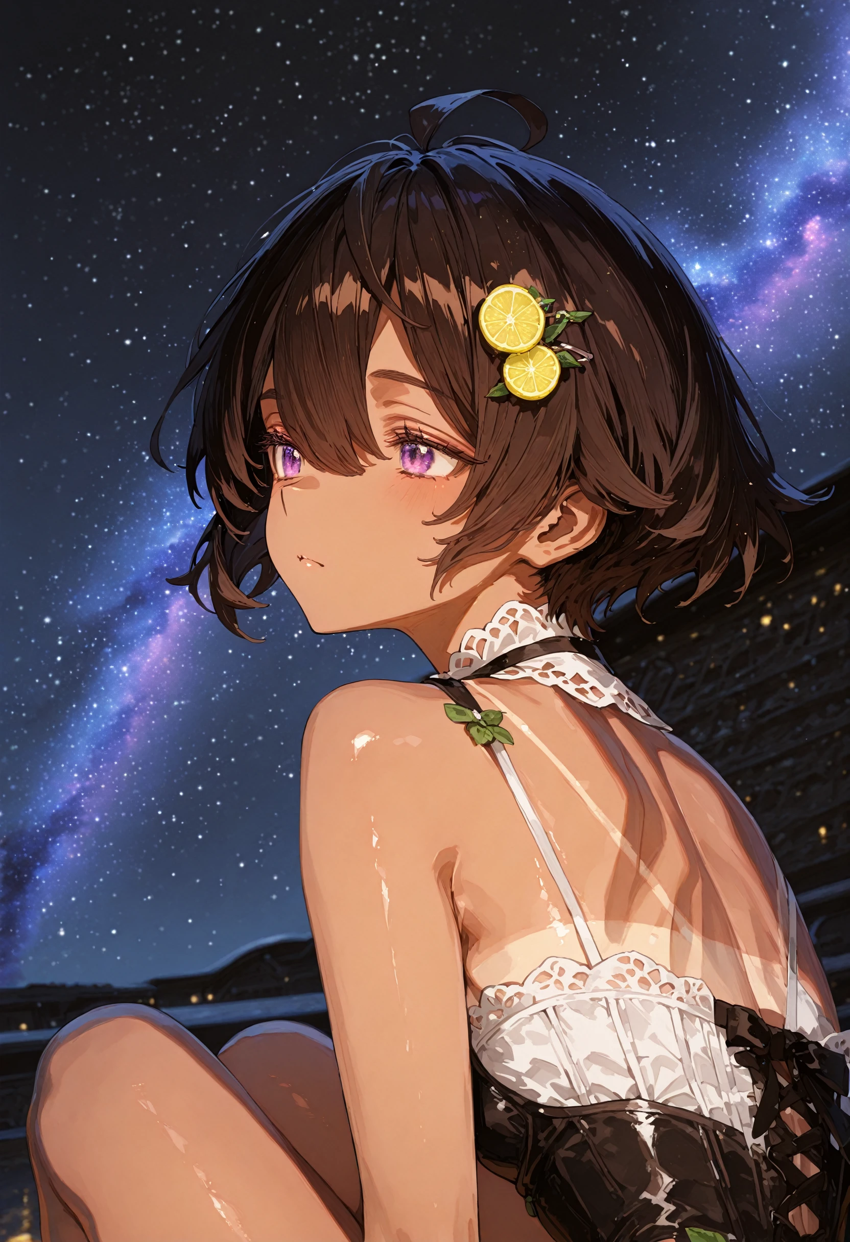 perfect quality,high quality,masterpiece,absolutely eye-catching,ambient occlusion,raytracing,very aesthetic,from behind,portrait,gradient,
1girl,dark-skinned female,purple eyes,hair between eyes,short hair,black hair,brown hair,lemon hair ornament,food-themed hair ornament,ahoge,small breasts,tanlines,bangs,hairclip,yakishioremon cyql,
Squint,convenient_leg,paw_pose,
Airline-specific outfit reflecting the cultural heritage of the airline's country,
starry tornado,starry Nebula,beautiful detailed sky,
Cinematic Lighting,rim light,Volumetric Lighting,available light,depth of field,
748cmstyle,<lora:spo_sdxl_10ep_4k-data_lora_webui:0.6>,<lora:illustrious_all_rated_v1:0.6>,<lora:748cmSDXL:1>,<lora:Yakishio Remon_Illustrious by Cyql:0.8>,<lora:illustrious_quality_modifiers_masterpieces_v1:1>,