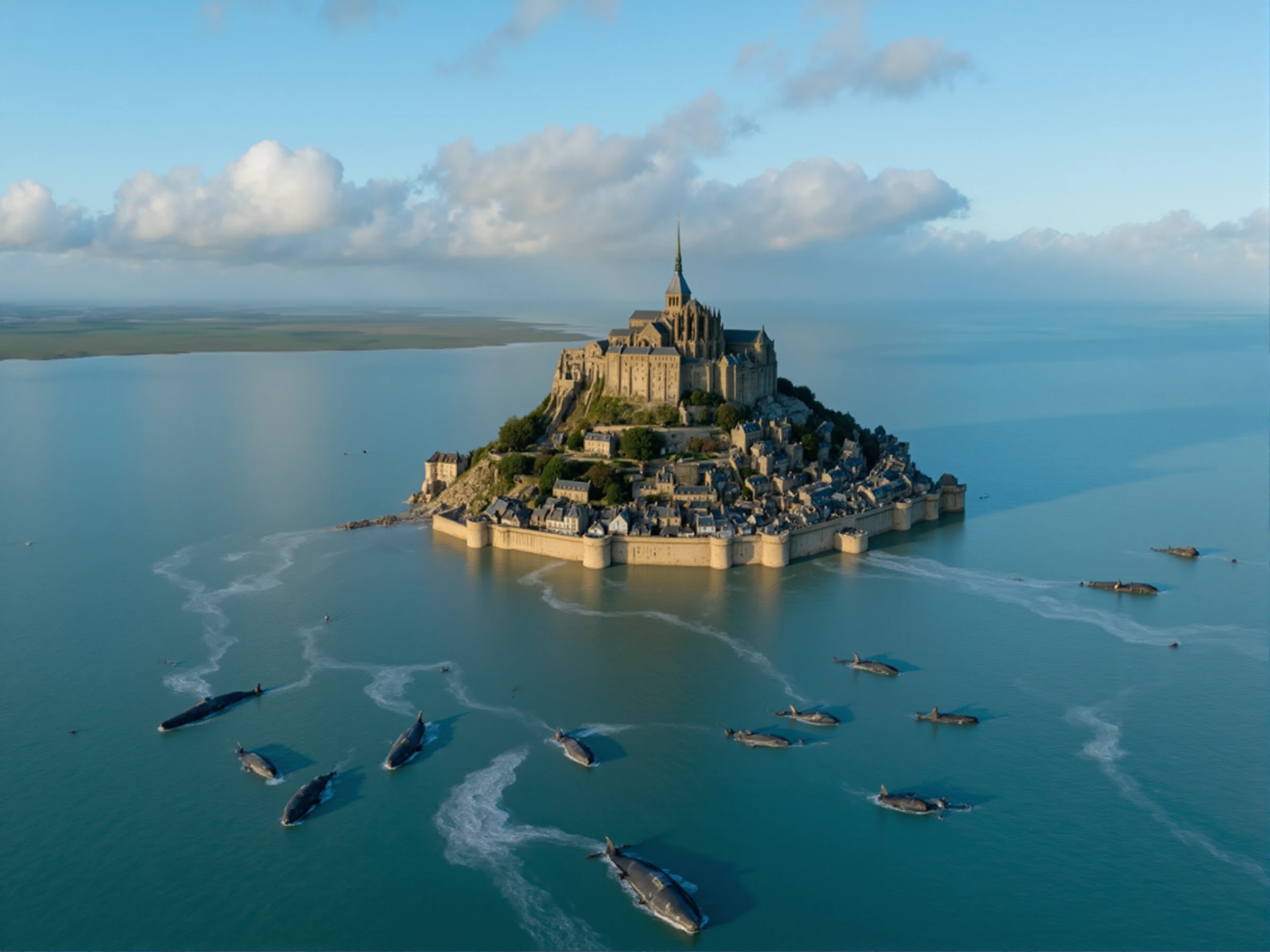 <lora:Mont Saint Michel:0.9> aerial view of mont saint michel island surrounded by whales