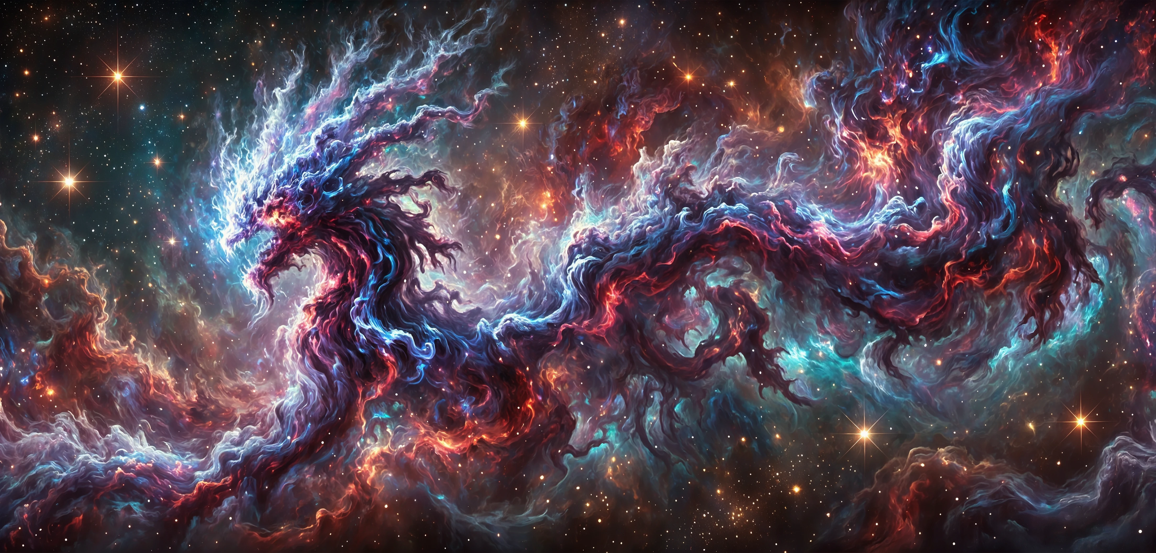 GLCTCSTL a majestic dragon in the center of a nebula, surrounded by stars in the background. The majestic dragon is animated, giving the impression of movement and life.