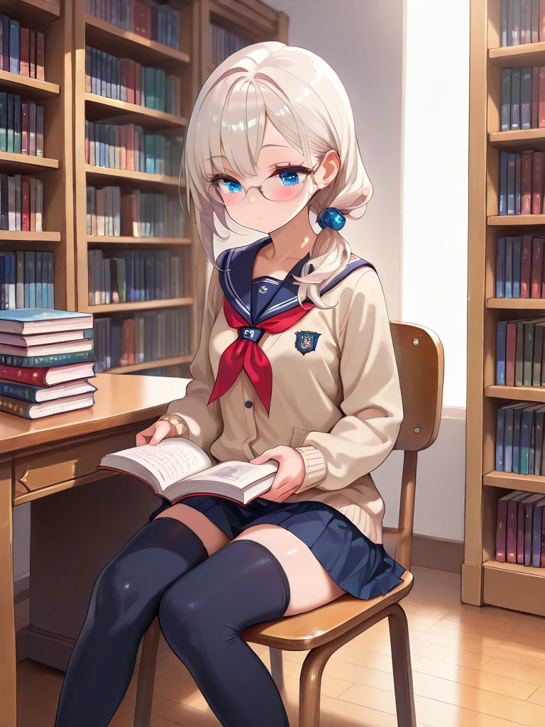 masterpiece,amazing quality,best quality,ultra-detailed,8K,illustration,CG,shiny hair,clear skin,ultra-detailed-eyes,simple background,cute girl, eyelashes <lora:lose sidetails_illustrious_V1.0:1> loose sidetail, side ponytail,serafuku,cardigan,skirt,thighhighs,school,room,library,sitting onc chair,glasses,reading book,window,