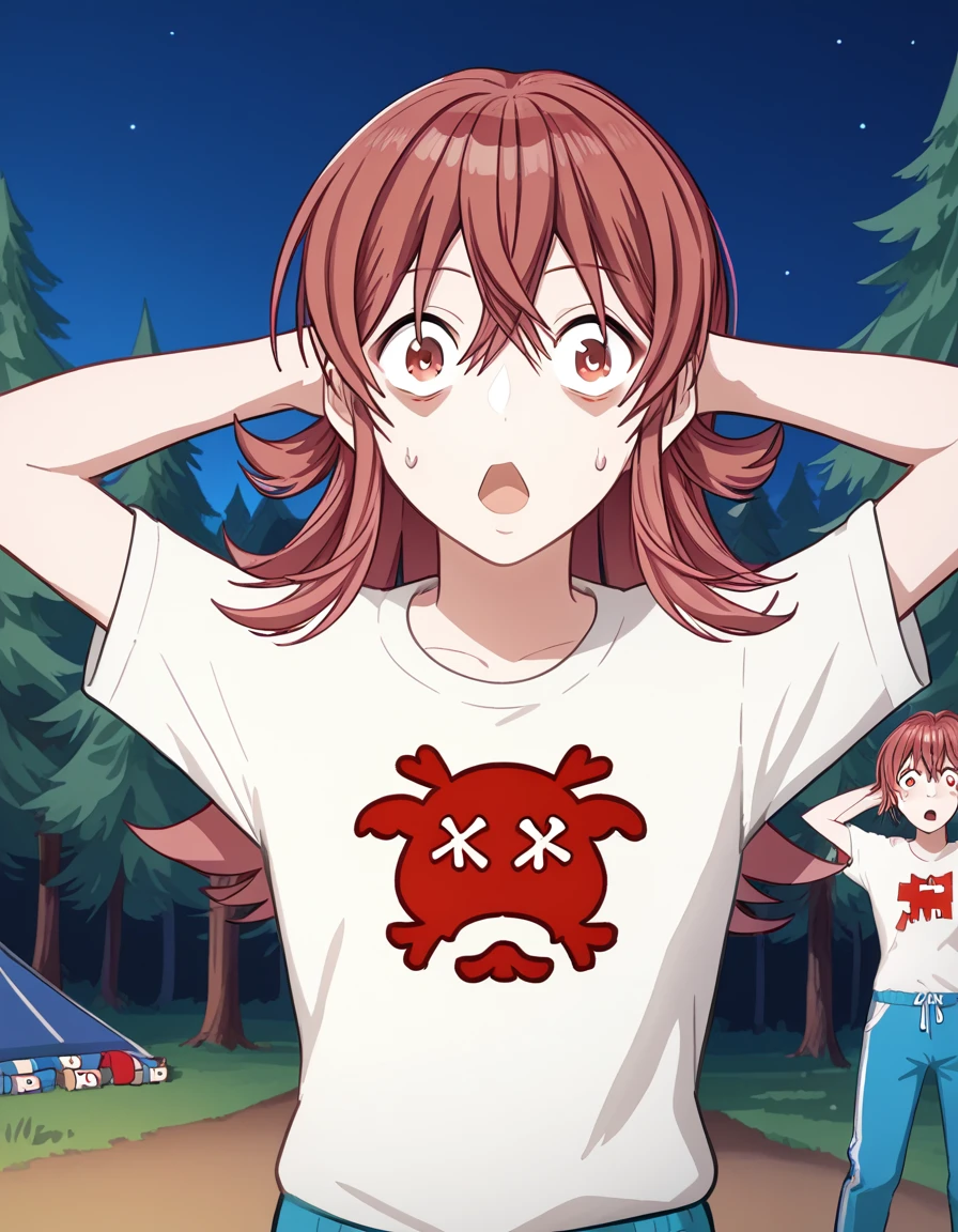 score_9, score_8_up, score_7_up, source_anime, <lora:kaho-komiya-s2-ponyxl-lora-nochekaiser:1>, kaho komiya, long hair, bangs, red eyes, hair between eyes, red hair,, shirt, white shirt, short sleeves, pants, t-shirt, blue pants, track pants, sweatpants,, camping, bonfire, tent, stargazing, marshmallows, forest clearing, night, , <lora:shocked-black-guy-ponyxl-lora-nochekaiser:1> shocked black guy, open mouth, looking at viewer, hands behind head, shaded face,, looking at viewer, solo,, dutch angle, cowboy shot