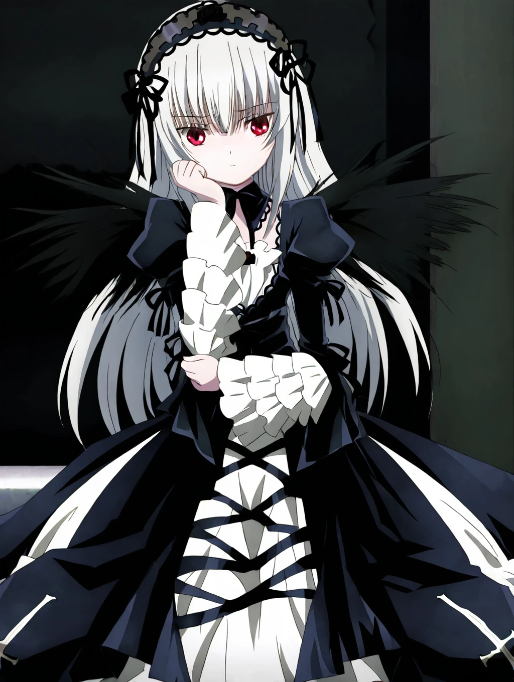 suigintou,Anime screenshot style,Red eyes,White hair, long hair, headband, headdress, black wings