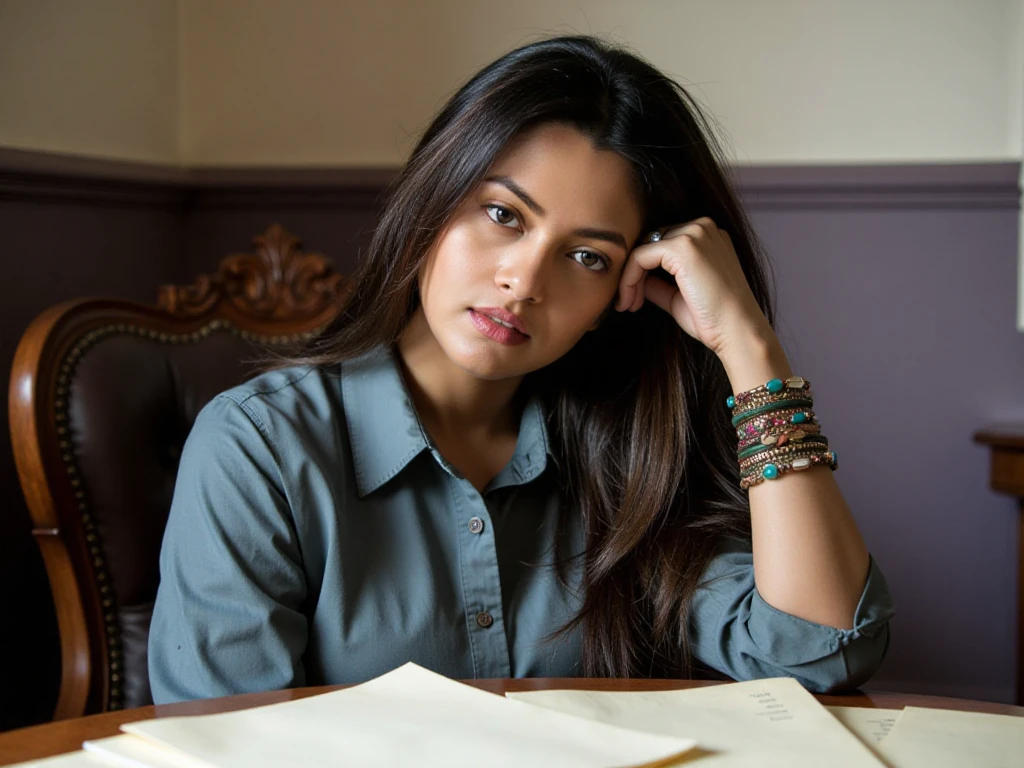 riyasenukohwx , with long dark hair, seated thoughtfully in a room.  Soft, muted tones give a contemplative mood.  She is wearing a button-up, long-sleeved, muted steel-blue collared shirt.  Her expression is pensive, with a slight downward gaze.  Her hand rests on her head, a gesture of contemplation.  She wears several bracelets, with intricate details and teal colored stones.  The room setting is simple.  A light beige wall contrasts a muted purple/gray wall; a wooden chair with dark brown leather-like upholstery.  A table is partially visible, covered with off-white paper sheets, suggesting a study or work environment.  Soft natural light illuminates the scene, casting gentle shadows and creating a warm, but melancholic atmosphere.  The color palette is subdued, with subtle gradations of muted blues, grays, and beiges.  The composition is centered on the woman, with the environment playing a supporting role.  The image evokes a sense of introspection and quiet contemplation, with a slightly nostalgic, almost melancholic, mood.  The camera angle is slightly elevated, capturing the woman from a moderate distance, from slightly above.  Soft focus and vintage-inspired  effects create a sense of calm and serenity.  Photograph style.



