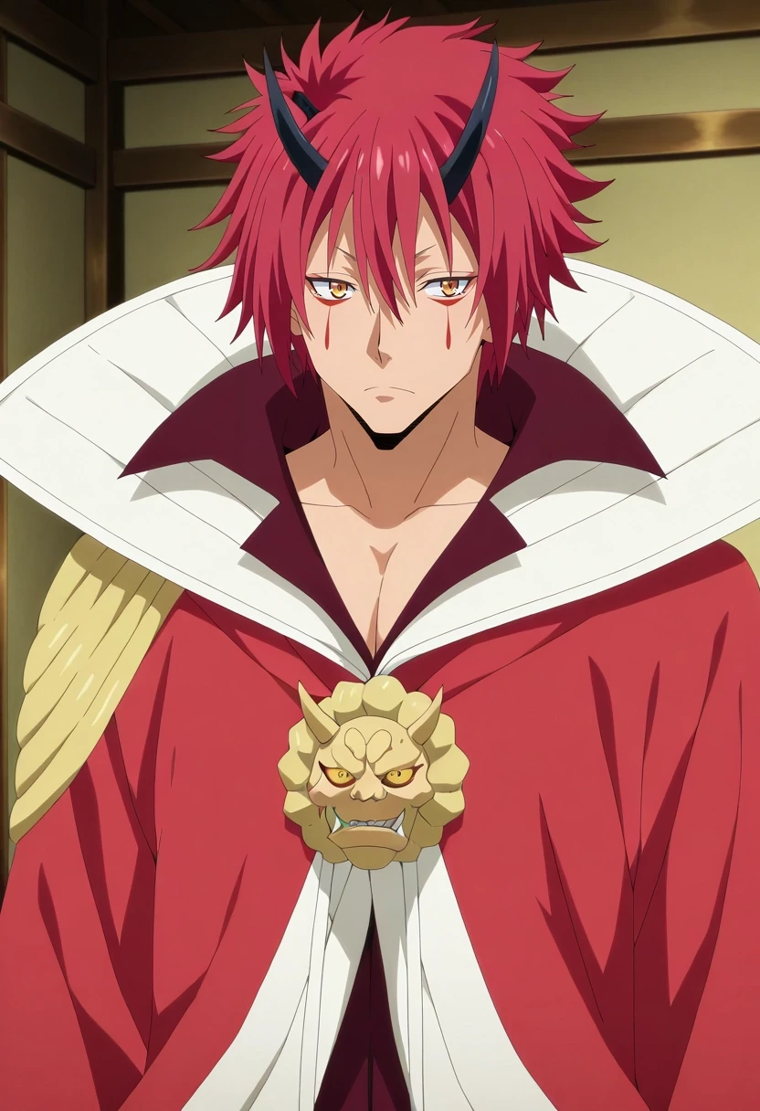 masterpiece, best quality, intricate details, anime screencap, anime coloring, official style, , , 1boy, solo, male focus, <lora:benimaru_tensura_ilxl:0.98>, benimaru_tensura, red hair, yellow eyes, hair between eyes, horns, oni horns, facial mark, , ,