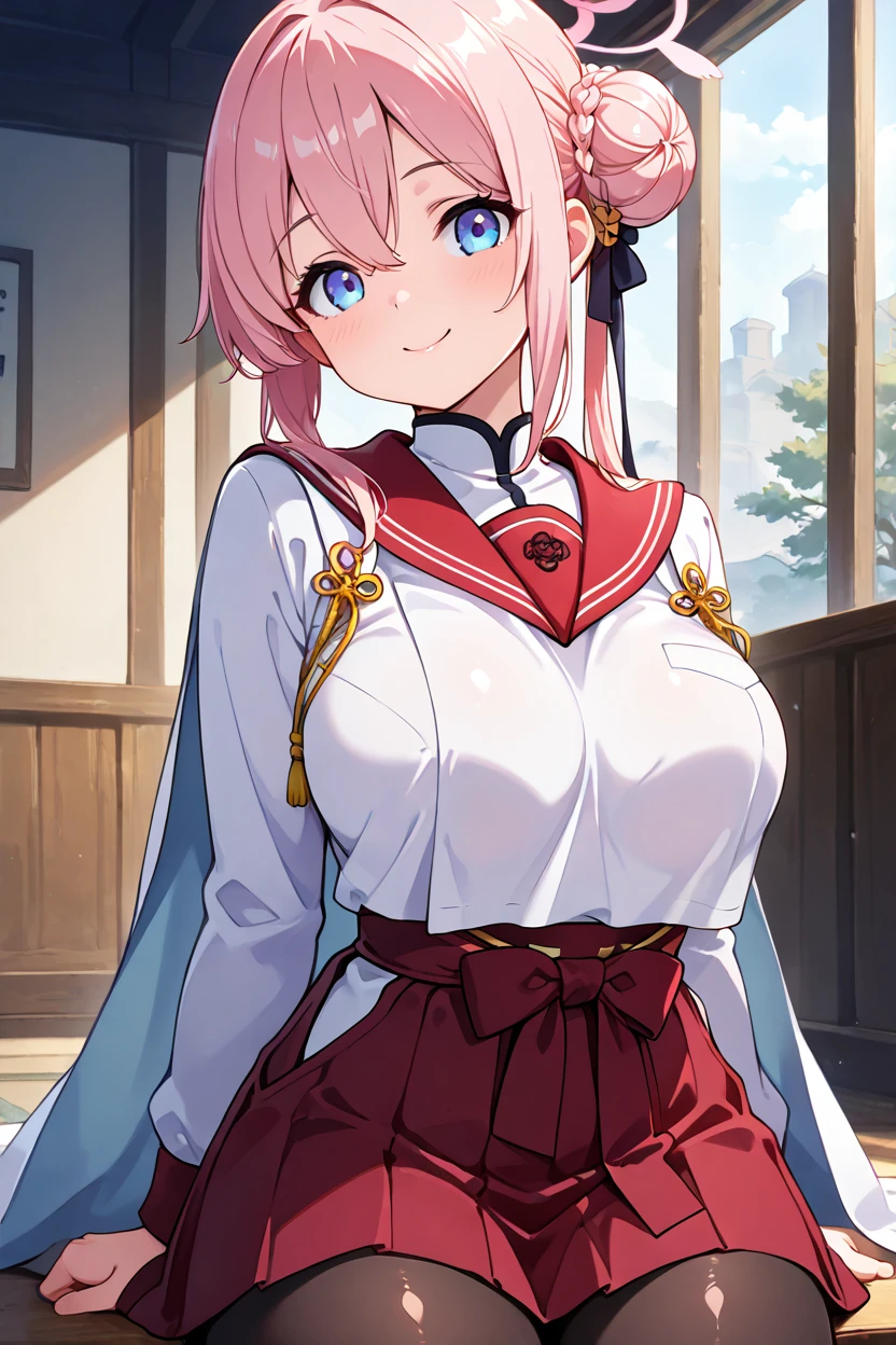 masterpiece, best quality, solo, curvy, beautiful eyes, zzMimori, blue eyes, pink hair, halo, hair bun, braided bun, long hair, pink halo, hair ornament, hair between eyes, long sleeves, red sailor collar, red skirt, solo, black pantyhose, pleated skirt, cape, school uniform, white shirt, hakama,  <lora:MimoriBluearchiveIXL:1.0>, upper body, smile, looking at viewer, shiny skin,