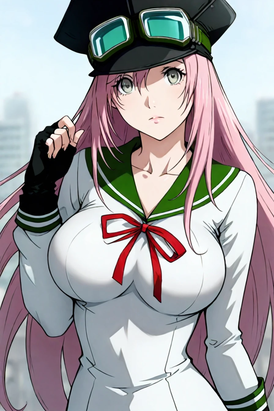 <lora:simca_airgear_illustriousXL-000007:0.8>, simca, grey eyes, pink hair, long hair, black hat, white school uniform, goggles, sailor dress, goggles on headwear, gloves, fingerless gloves, large breasts, 1girl, solo, alone, masterpiece, highres, <lora:oh_great_style_illustriousXL:1>, oh_great_style, masterpiece, highres