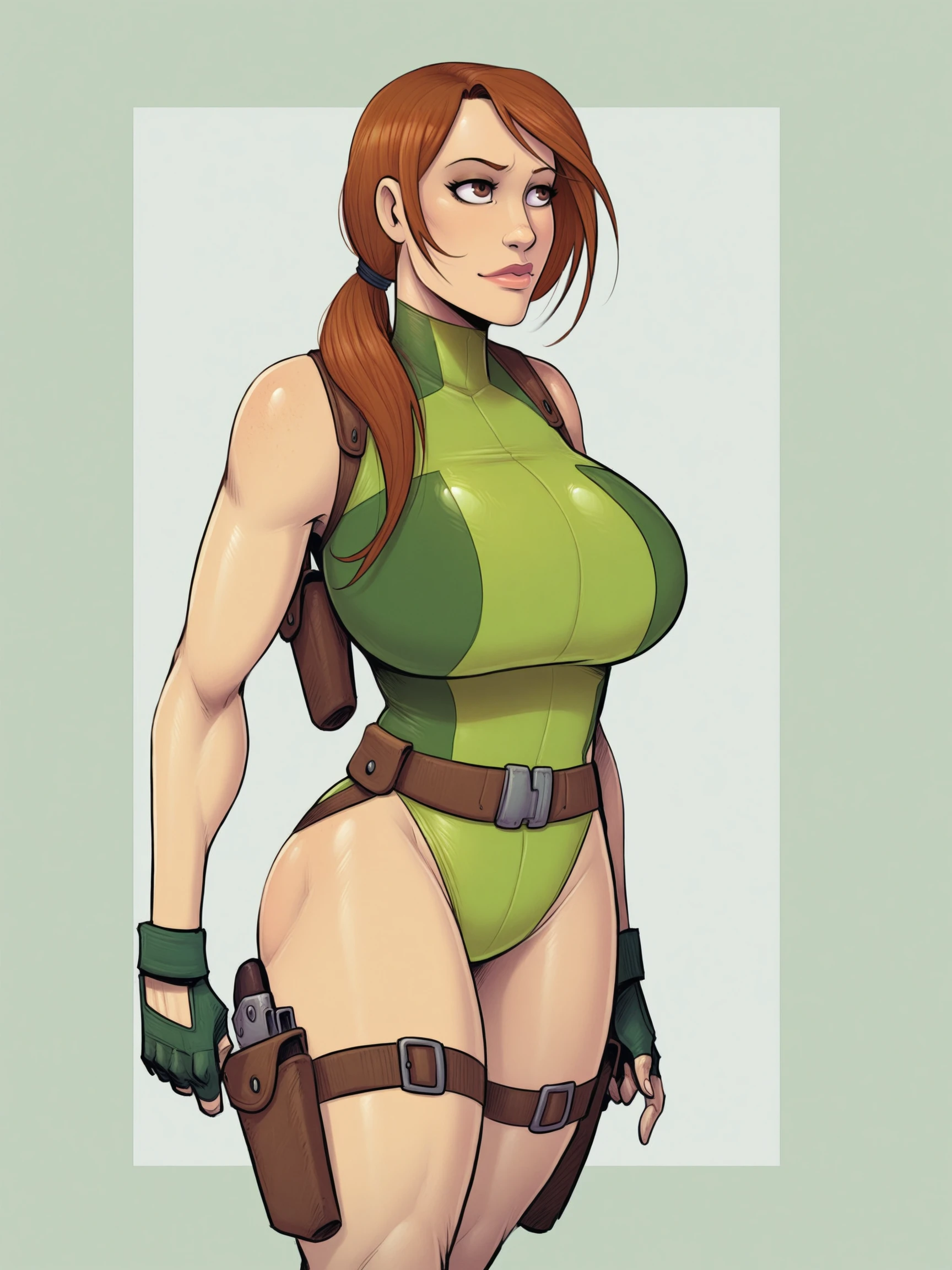 masterpiece, best quality,
devilhsill, 1girl, solo, long hair, large breasts, brown hair, gloves, brown eyes, fingerless gloves, leotard, lips, hair over shoulder, low ponytail, holster, thigh holster
<lora:devilhsill-000007:1>