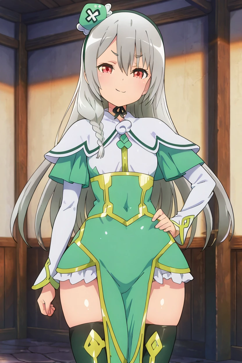 masterpiece, best quality, solo, curvy, beautiful eyes,zzMaidena, red eyes, hair between eyes, grey hair, long hair  hairband, boots, frills, black thighhighs, capelet, thigh boots, green dress, green headwear,  <lora:Maidena_FutokuNoGuild_IXL:1.0>, cowboy shot, hand on hip, smug, smile, looking at viewer, shiny skin,