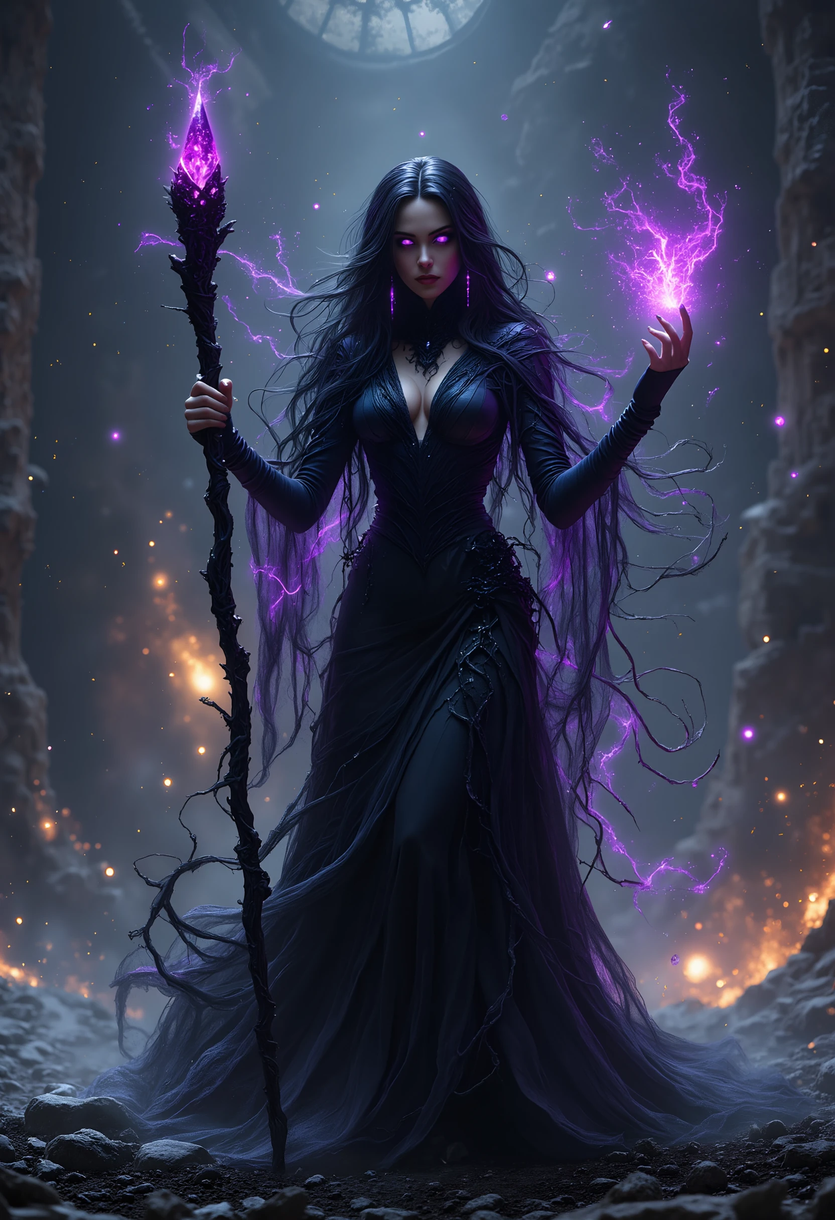 EE_DA, 

A shadowy sorceress stands at the center of a dimly lit, mystical battlefield, her piercing, glowing violet eyes radiating raw magical power. Her raven-black hair flows wildly around her, tangled with strands of shimmering shadow-like energy, framing her intense and commanding expression. Her dark, form-fitting gown is crafted from organic, vein-like tendrils that seem to move and twist with a life of their own, clinging to her figure while exuding an aura of danger and allure.

In one hand, she wields a staff of twisted black wood crowned with a pulsating, violet crystal that emits crackling energy, casting eerie light around her. Tiny sparks of shadow magic dance across her skin and clothing, emphasizing the chaotic power she commands. Her other hand is slightly raised, fingers curled as if she’s conjuring dark spells or summoning otherworldly forces.

The background is alive with an ominous, magical atmosphere—flickering orbs of golden and violet light float like restless spirits in the gloom, while shadowy mist coils around her feet. The faint outline of ancient ruins looms in the distance, their edges glowing faintly with residual magical energy. Snow or ash drifts through the air, adding texture and depth to the scene.

This composition captures her as the embodiment of shadow magic and forbidden power, blending dark elegance with a menacing, otherworldly aura in a scene brimming with tension and mystique.