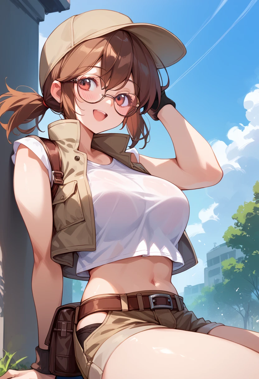 score_9, score_8_up, score_7_up, score_6_up, score_5_up, score_4_up, masterpiece, best quality, BREAK,
1girl, outdoors,  <lora:Fio_Germi_Metal_slug_Pony_ver01:1> fio_germi, glasses, brown hair female, hat, large breasts, crop top, vest, midriff, short shorts, gun