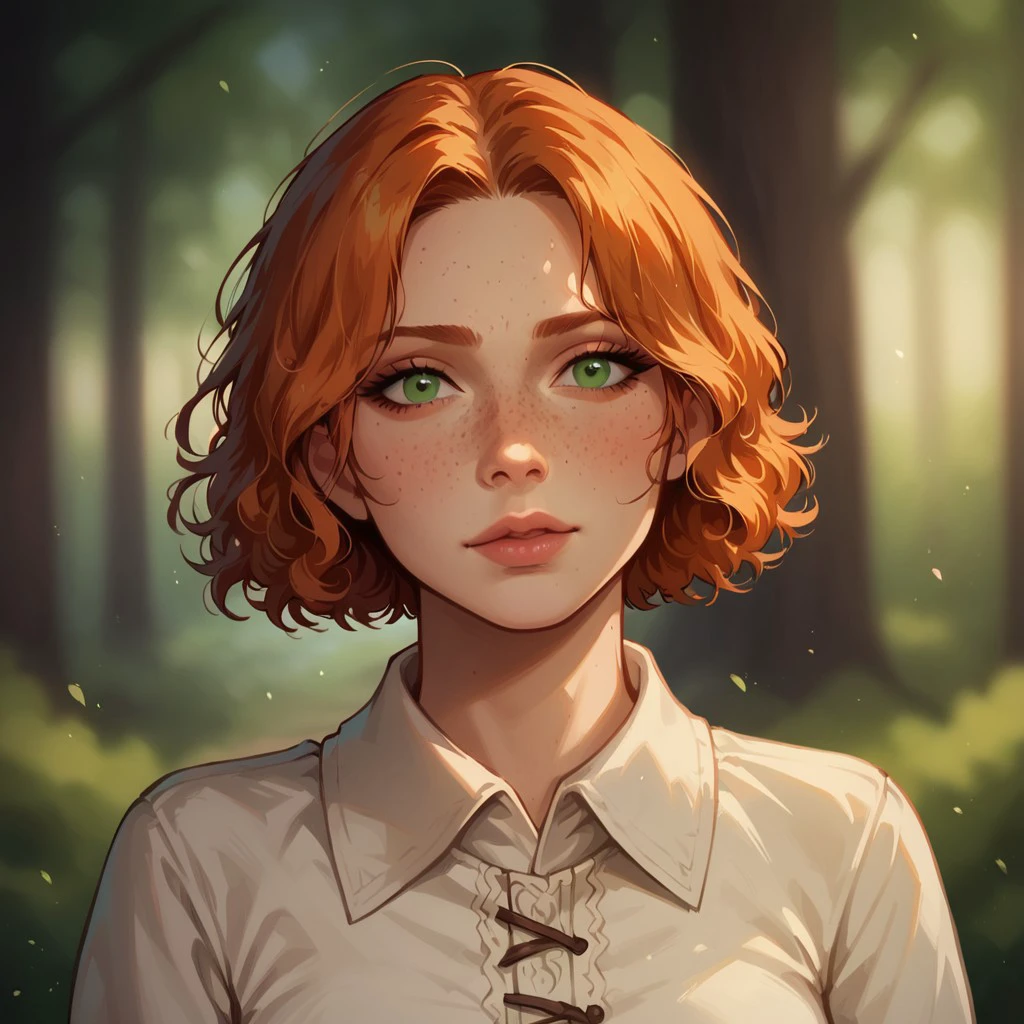 (((detailed, beautiful, high quality))), score_9, score_8_up, score_7_up, upper body,
(depth of field, dynamic lighting),
human,
1 girl, european appearance, green eyes, short hair, disheveled hair, freckles, ginger hair, white office shirt, medieval shirt,
looking at the viewer, posing,
blurred background, fantasy background, dark background, forest,