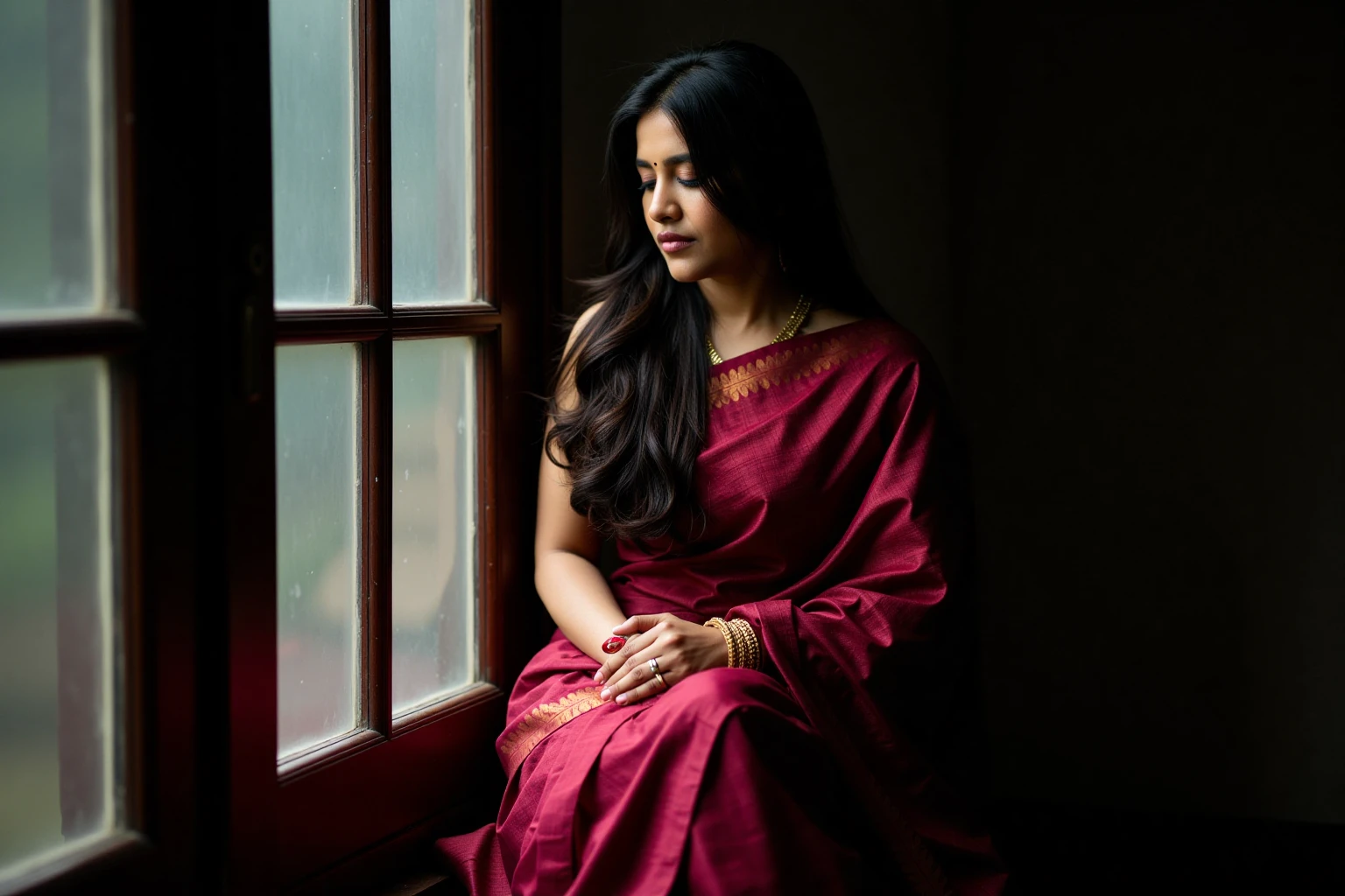 nabhanateshukohwx  with a soft, melancholic expression, is seated near a window.  She is of South Asian descent, with long, dark hair cascading down her back.  She's draped in a vibrant, deep-red saree with intricate, patterned designs.  The saree's fabric appears to be silk or a similar rich material, with a slight sheen.  The color of the saree is a deep maroon, with subtle patterning in a darker tone that creates an embossed or batik-like effect.  She is wearing gold-toned jewelry, including bangles on her wrists.  Light catching her skin, highlighting her facial features. Her gaze is directed downward.  The setting is indoors, near a window with dark, wooden frames and multiple panes.  Soft, diffused light falls from the window, casting subtle shadows and highlighting the folds of the sari.  The background is a dark, muted tone.  The composition is centered on the woman, focusing attention on her figure and the intricacy of her attire. The overall mood is serene and thoughtful, with a strong hint of introspection and elegance.  The style is close to traditional South Indian portraits, emphasizing rich colors and intricate textiles.  Natural lighting,  portrait style, detailed pattern captures, textile, traditional.
