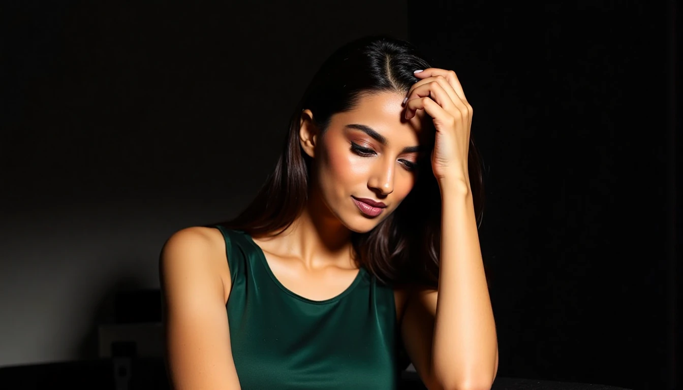 meencohwx , sits with one hand resting on her forehead, her gaze directed slightly downward.  She wears a simple, dark emerald green sleeveless top, the fabric appearing smooth and possibly silky. Her dark brown hair cascades over her shoulders, framing a face with delicately sculpted features:  high cheekbones, a straight nose, and full, slightly parted lips wearing a muted mauve lipstick.  Her expression is one of pensive contemplation, bordering on melancholy; a soft light illuminates her face, creating subtle highlights and shadows that enhance her facial structure. Her skin has a warm, golden undertone, and her overall posture suggests a state of quiet introspection.  The background is darkly shadowed, emphasizing the contrast with the warm light on the subject, suggesting an intimate and moody atmosphere. The image is composed using a slightly low-angle close-up shot, enhancing the intimacy and drawing focus to the model's emotional state. The lighting is dramatic and chiaroscuro-esque, with a strong light source coming from the upper right, casting deep shadows and highlighting the textures of her skin and hair. The overall style evokes a sense of cinematic portraiture with a melancholic and introspective mood; reminiscent of contemporary fashion photography.