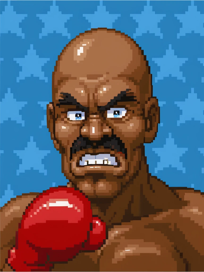 <lora:PonyXL_-_SNES_Super_Punch_Out_Portraits:0.75> super_punch_out_portrait, star_patterned_background, boxing glove, red boxing gloves, bald bull, black hair, bald, mutton_chops, mustache, dark skin, angry expression, blue background,