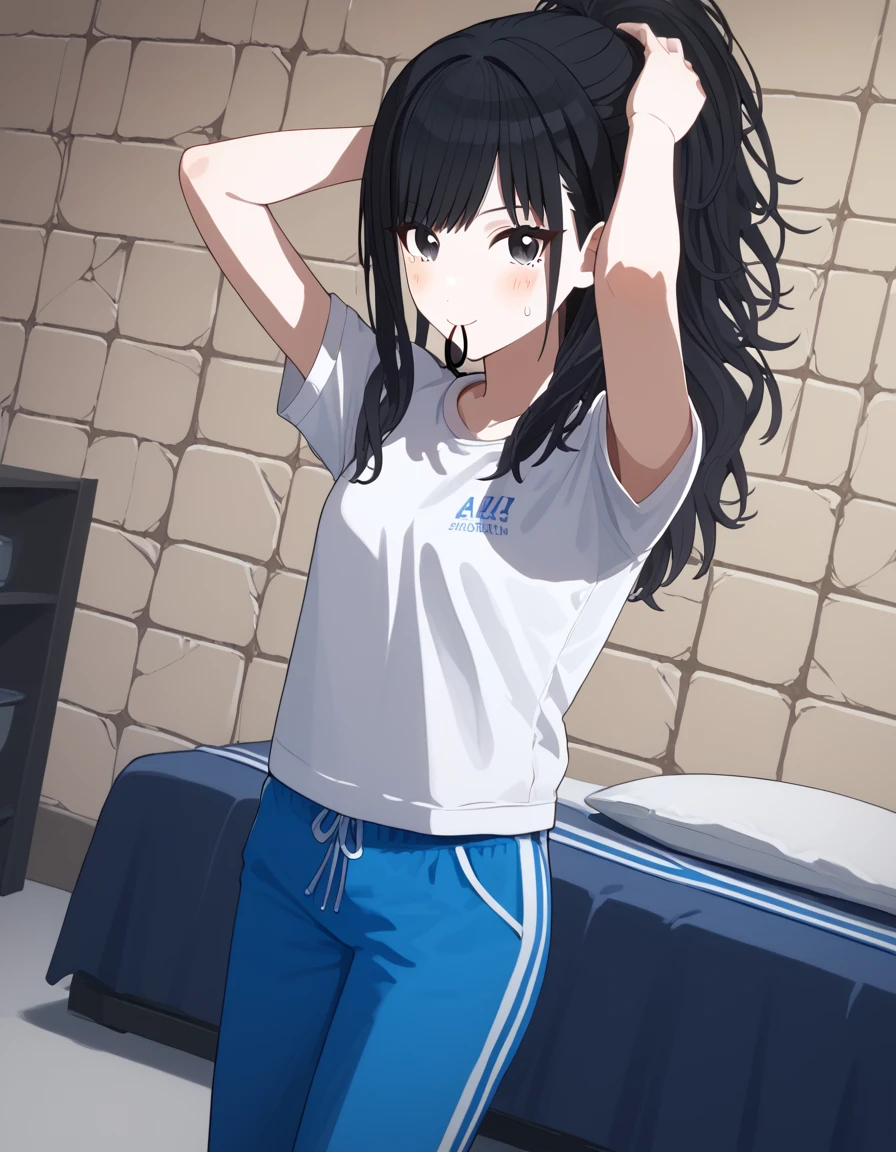 score_9, score_8_up, score_7_up, source_anime, <lora:hiori-kazano-s2-ponyxl-lora-nochekaiser:1>, hiori kazano, long hair, bangs, black hair, black eyes, ponytail, mole, mole under mouth,, shirt, white shirt, short sleeves, pants, t-shirt, blue pants, track pants, sweatpants,, prison cell, bars, bed, stone walls, isolation, smile, <lora:hair-tie-in-mouth-ponyxl-lora-nochekaiser:1>, hair tie in mouth, hair tie, mouth hold, rubber band, blush, tying hair, adjusting hair, hands in hair, arms up, arms behind head, ponytail, hand in own hair, hair lift, cowboy shot, looking at viewer, looking at viewer, solo,, dutch angle, cowboy shot