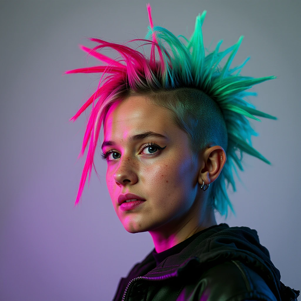 photo picturing cs woman and goth makeup with a brightly colored spiky mohawk punk hairstyle dressed in a goth punk outfit