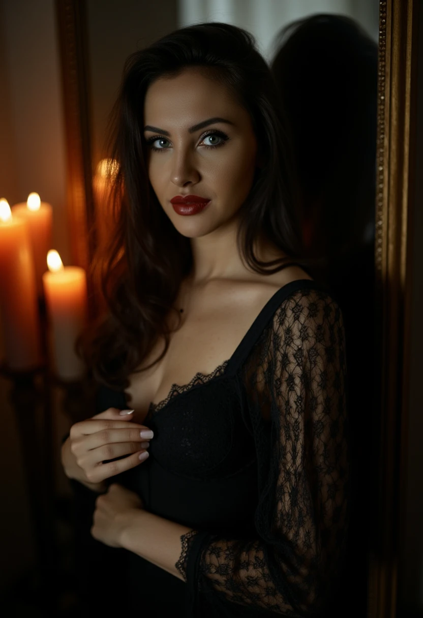 The image is a high-resolution photograph of a young woman with fair skin and long, wavy hair. She has mesmerizing eyes accentuated with dark eyeliner and mascara, and her lips are painted a deep red. Her facial expression is calm and slightly pensive, with a subtle, almost melancholic undertone.

She is dressed in a black lace top that reveals a hint of cleavage, and her left hand is delicately holding a small, delicate object, possibly a ring or a piece of jewelry, close to her chest. The lace of her top is intricate and delicate, with a slightly sheer texture that adds a touch of elegance and sensuality to her attire.

The background is dimly lit, creating a moody and atmospheric ambiance. There are several tall, orange-tinted candles on the left side of the image, casting a warm glow that highlights the woman's face and adds a soft, ethereal quality to the scene. Behind her, there is a large, ornate mirror with an antique frame, reflecting the candles and adding depth to the image. The overall color palette is dark, with muted tones of black, gray, and orange, contributing to the mysterious and intimate atmosphere of the photograph. J4SM1N