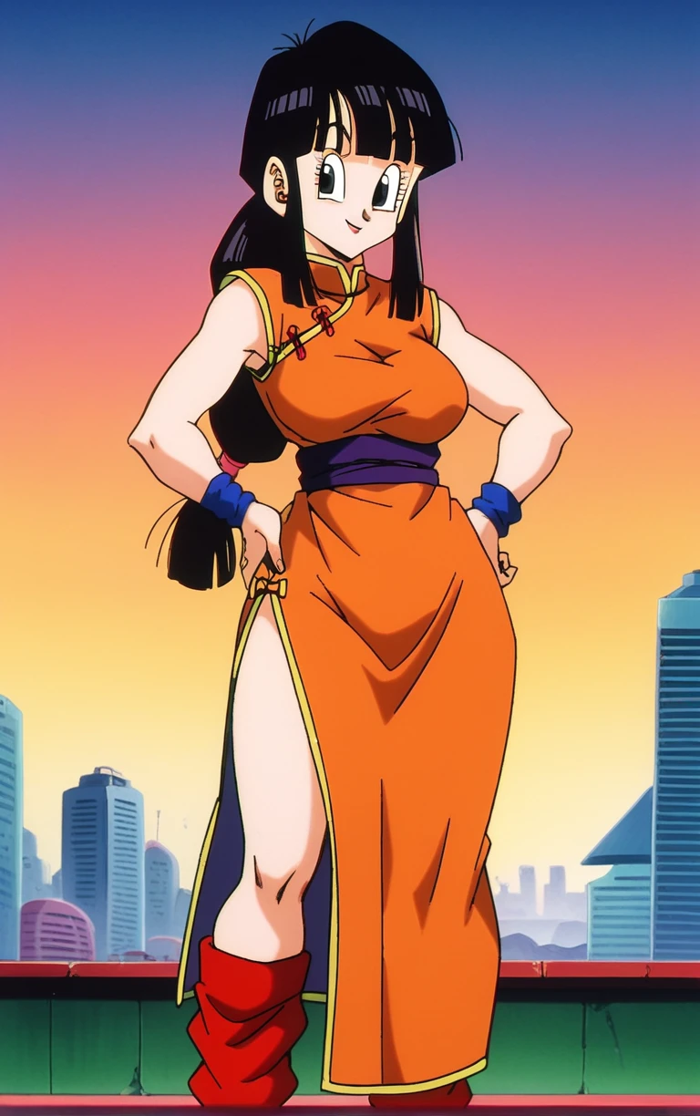 score_9, score_8_up, score_7_up, BREAK
ARTSTYLE_DragonBallZ_ownwaifu,  retro artstyle, 1990s \(style\), 
1girl, black hair, chi-chi \(dragon ball\), black eyes, blunt bangs, blunt sidelocks, china dress, chinese clothes, leg warmers, low-tied long hair, red pants, sleeveless, wristband, breasts, 
(contrapposto, hand on hip), sunset, sidelighting, cityscape, vanishing point, outdoors, <lora:PONY_STYLE_DragonBallZ_ownwaifu:1> , depth of field, solo,