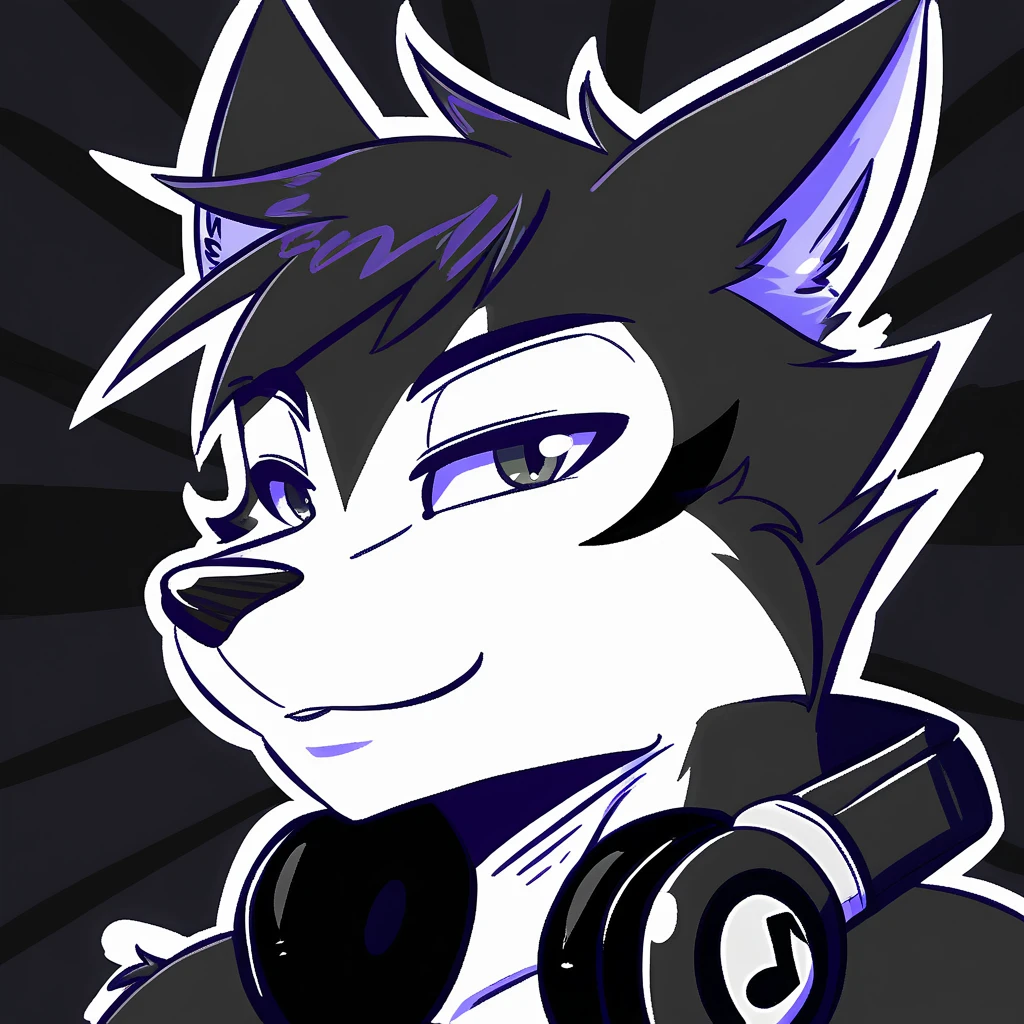 <lora:katsuke_epoch_25:1.0> 1boy, furry male, male focus, headphones, solo, furry, headphones around neck, animal ears, wolf ears, makeup, husky, dark background