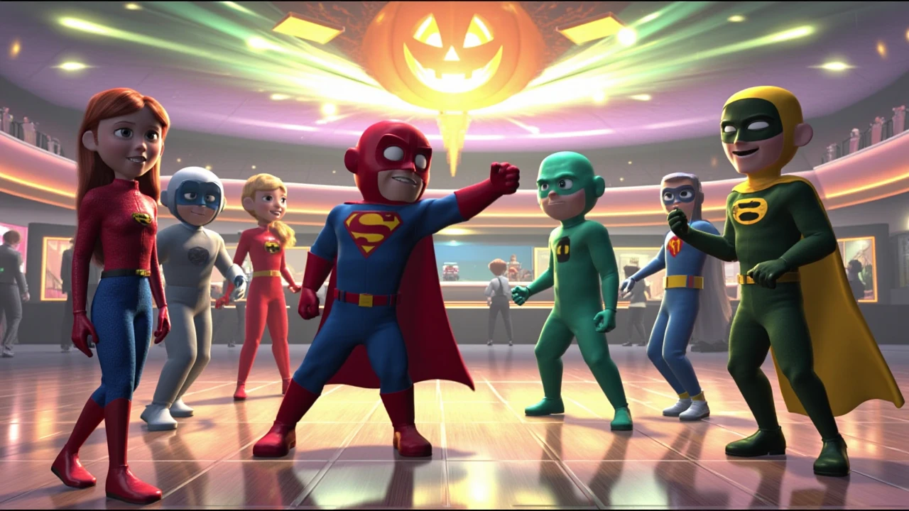 3d render in ti artstyle, a halloween party inside a large dance hall with various people in their 20s dressed in various superhero halloween costumes