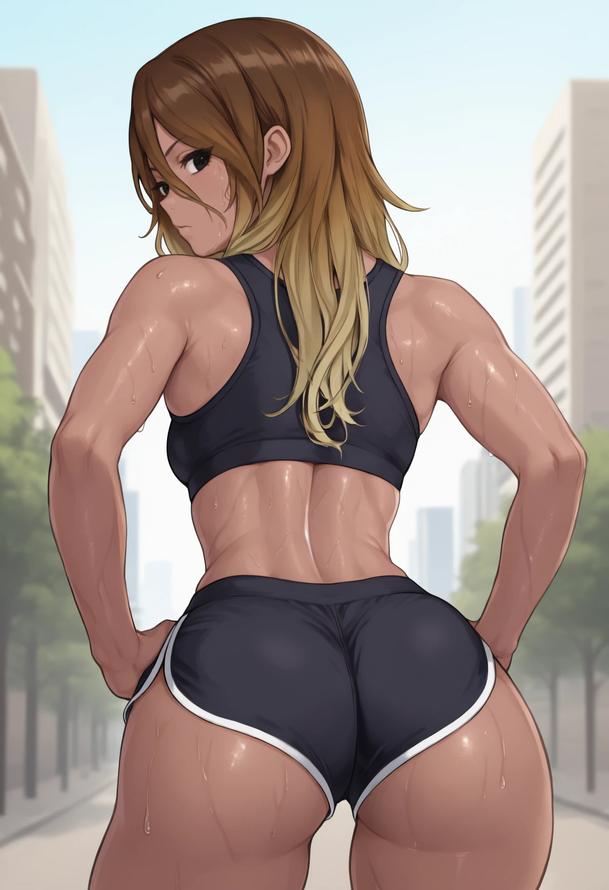 masterpiece, best quality, from behind, solo, 1girl, 1zum1, dark-skinned female, tan, sweat, looking back, hands on own hips, long hair, gradient hair, brown hair, blonde hair, hair between eyes, black eyes, black sports bra, black shorts, dolphin shorts, micro shorts, ass, outdoors, day, city street
<segment:yolo-Anzhc Face seg 640 v2 y8n.pt,0.4,0.5//cid=1>