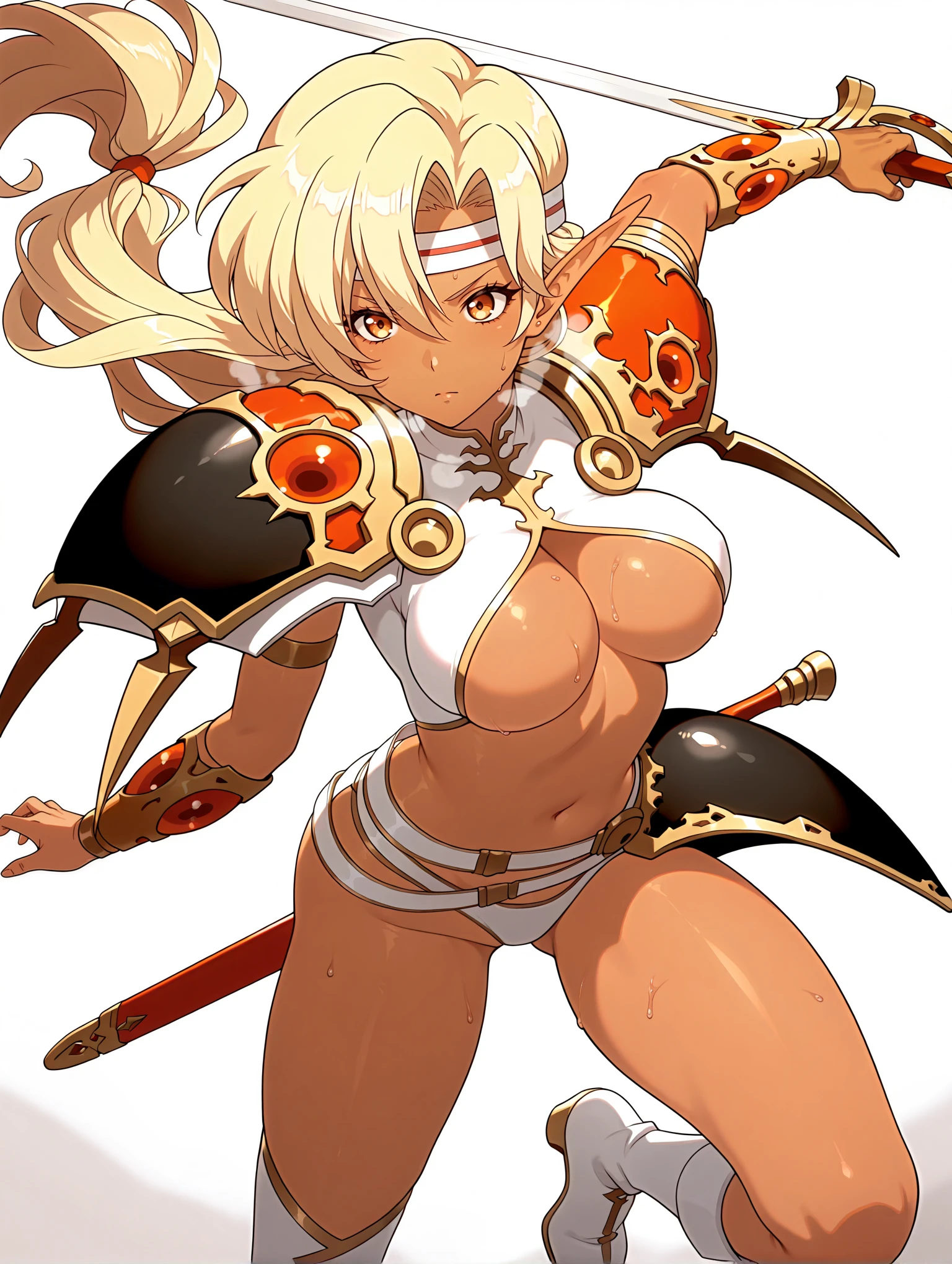 masterpiece,best quality,amazing quality,
1girl,solo,<lora:sonia_ilxlv1:1>,sonia,pointy ears,dark-skinned female,headband,long hair,blonde hair,
s_clothes,armor,shoulder armor,navel,underboob,single thighhigh,pauldrons,white footwear,
s_sword,Swinging a sword,
<lora:Fixhands_anime_bdsqlsz_V1:1>,white_background,simple_background,fighting,fighting_stance,sweat,heavy_breathing,serious,ready to draw,looking ahead,