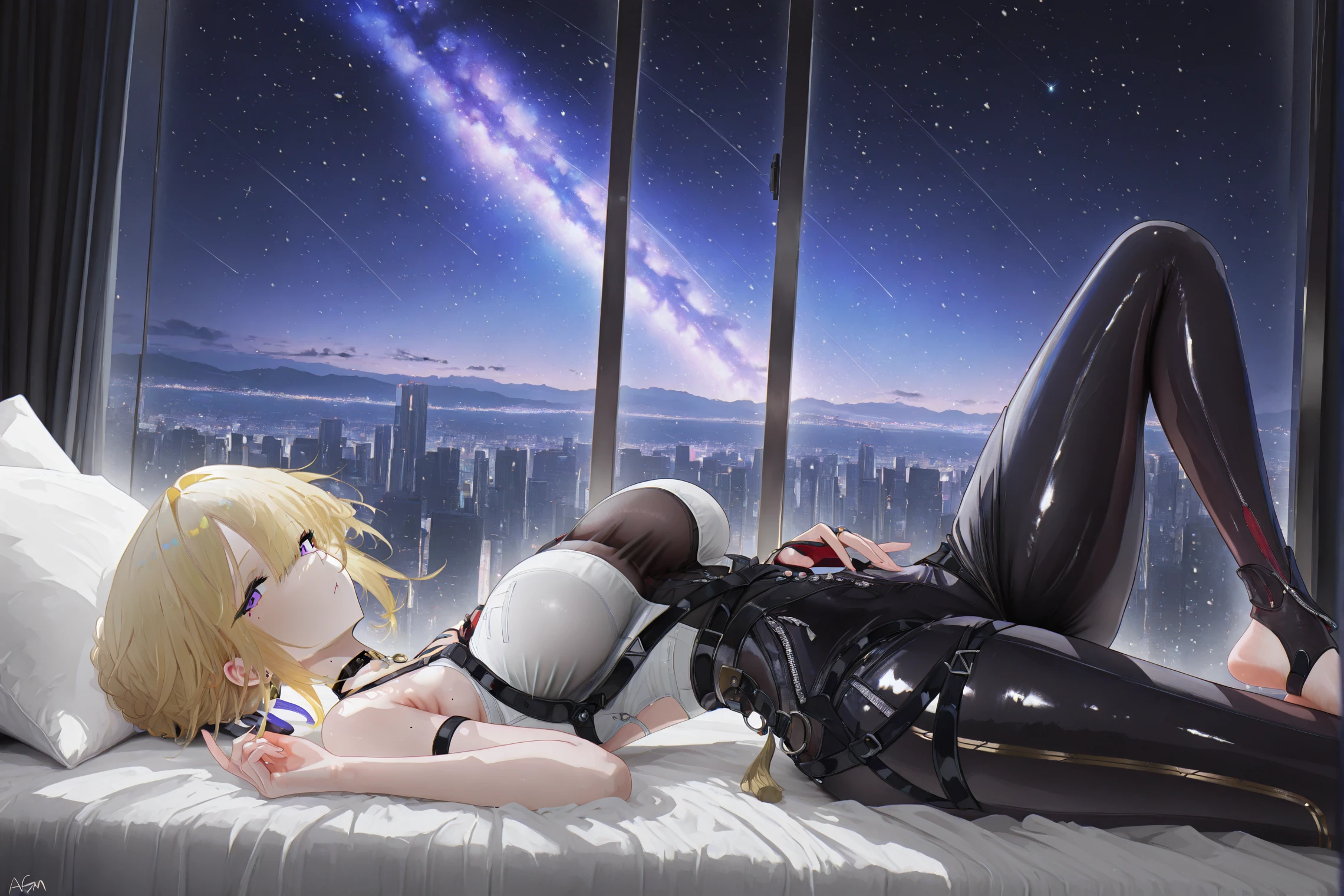 masterpiece, best quality, amazing quality, very aesthetic, absurdres, newest, anemo agm,
1girl, solo, ZZZEvelyn, blonde hair, short hair, bangs, hair bun, purple eyes, mole, looking at viewer,
sleeveless shirt, pants, choker,
bedroom, indoors, lying on back, one leg up, fullbody, stirrup,
cityscape, window, starry sky, medium breast,
masterpiece, best quality, amazing quality, very aesthetic, absurdres, newest