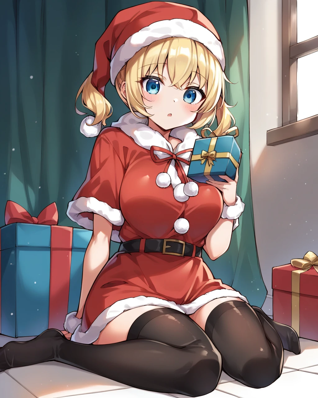 (masterpiece, best quality:1.2), (1girl, solo), (High quality:1.4), (High detailed:1.2), Sakimi-chan, a european girl with 18 years old, (gift ribbons), ((large breasts)),