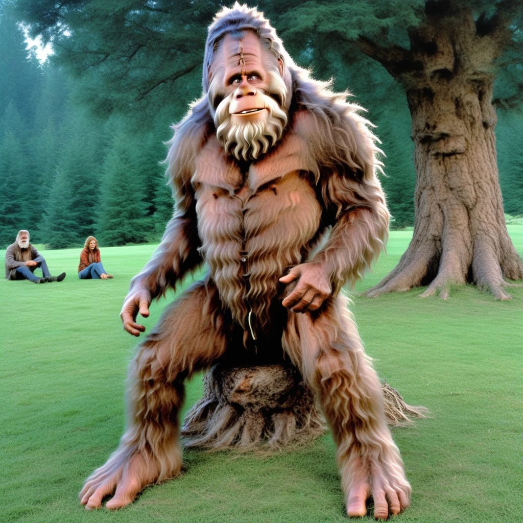 A very overweight, naked and hairy Neanderthal man walks sideways through a white room. The Neanderthal is seen from the side and the head and feet are fully depicted. It looks very realistic.