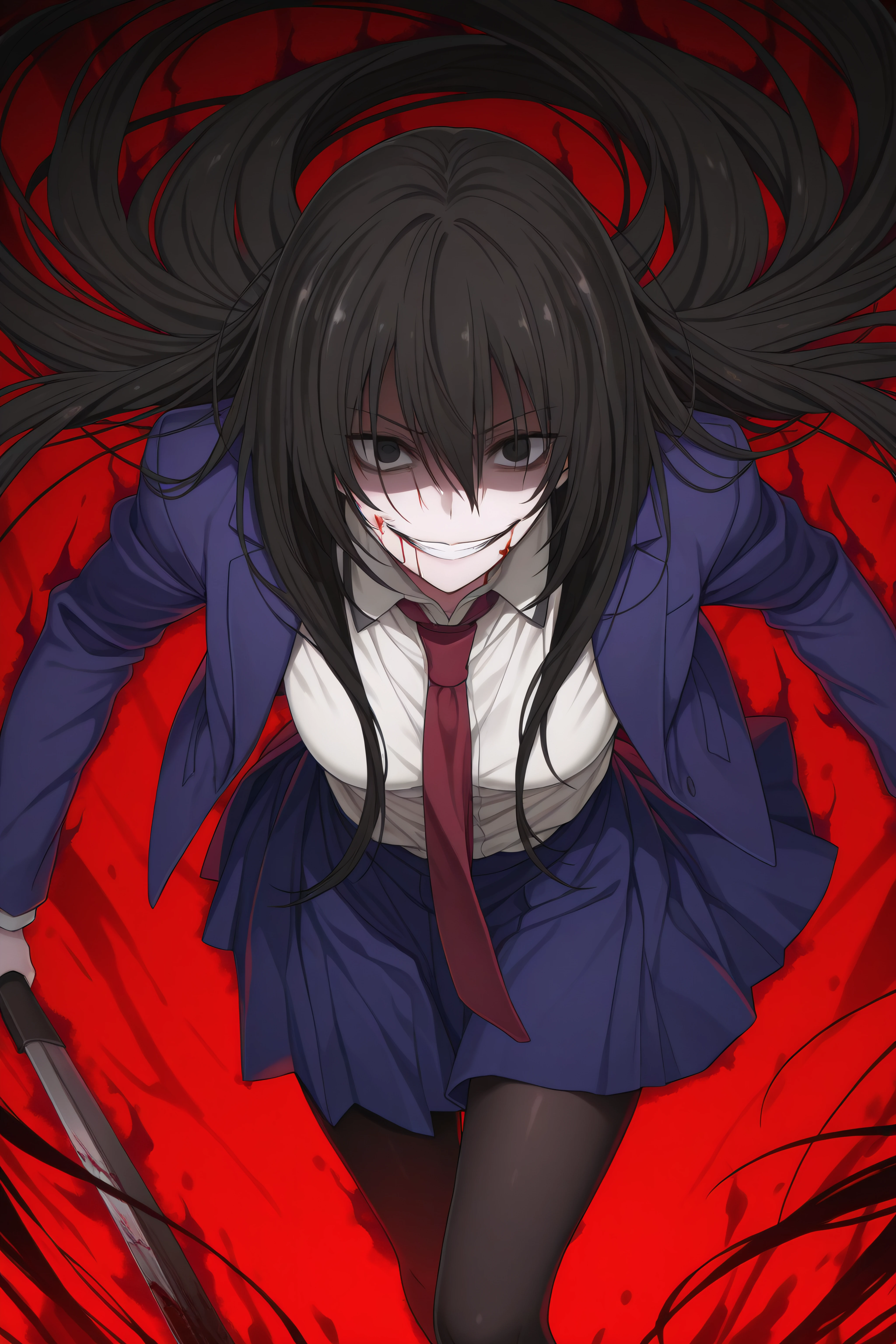 masterpiece, best quality, <lora:Kirukiru Amou-Illustrious-lora-Faxtron:1> kirukiru amou, black eyes, black hair, very long hair, cropped blue blazer, white shirt, red necktie, blue skirt, black pantyhose,  
 <lora:evil-grin-ponyxl-lora-nochekaiser:1>, evil grin, evil smile, grin, evil eyes, crazy eyes, teeth, shaded face, blood, aura, blood on face,,