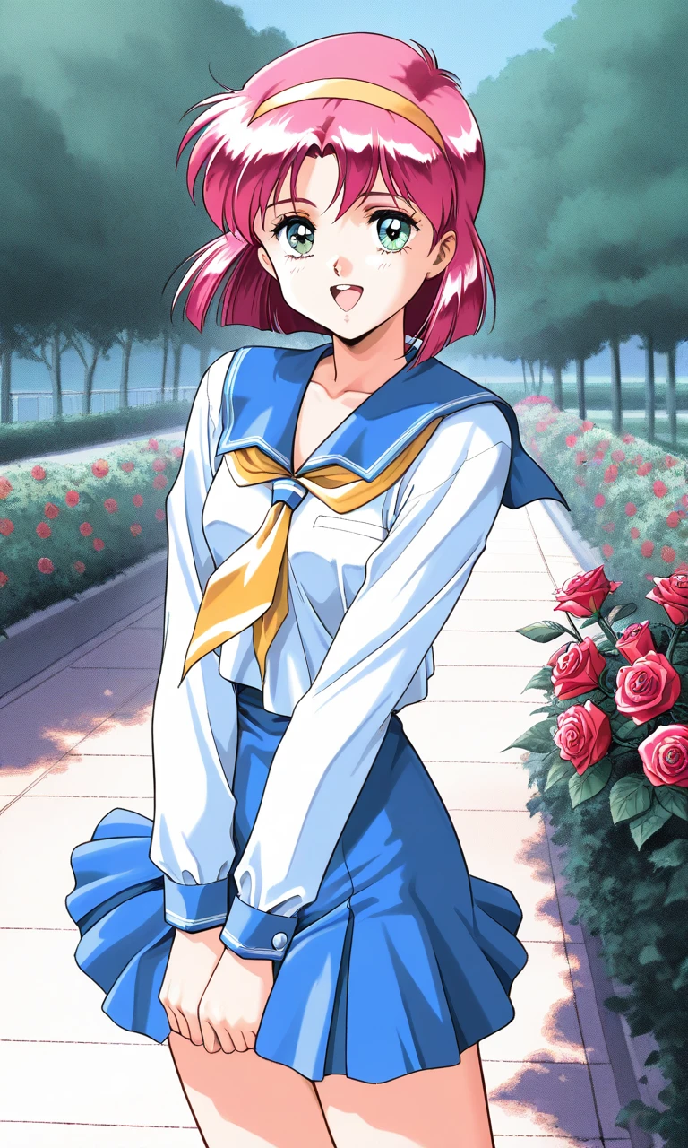 masterpiece, best quality, good quality, <lora:AiShimai_Futari_no_Kajitsu_IS:1> Kitazawa_Tomoko, 1girl, pink hair, Yellow hairband, small breasts, short hair,
serafuku, school uniform, 1girl
1990s (style), happy, v arms,
cowboy_Shot, looking at viewer,
outdoor, flower, rose,