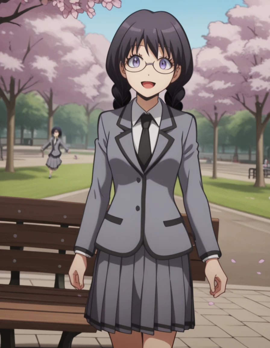 score_9, score_8_up, score_7_up, source_anime, <lora:manami-okuda-s1s2-ponyxl-lora-nochekaiser:1>, manami okuda, long hair, bangs, black hair, twintails, purple eyes, braid, glasses, twin braids, medium breasts, anime screencap,, blazer, grey blazer, skirt, school uniform, pleated skirt, necktie, grey skirt, black necktie, white shirt, collared shirt, long sleeves,, park, cherry blossoms, bench, gentle breeze, peaceful, running, open mouth, , smile, looking at viewer, solo,, dutch angle, cowboy shot