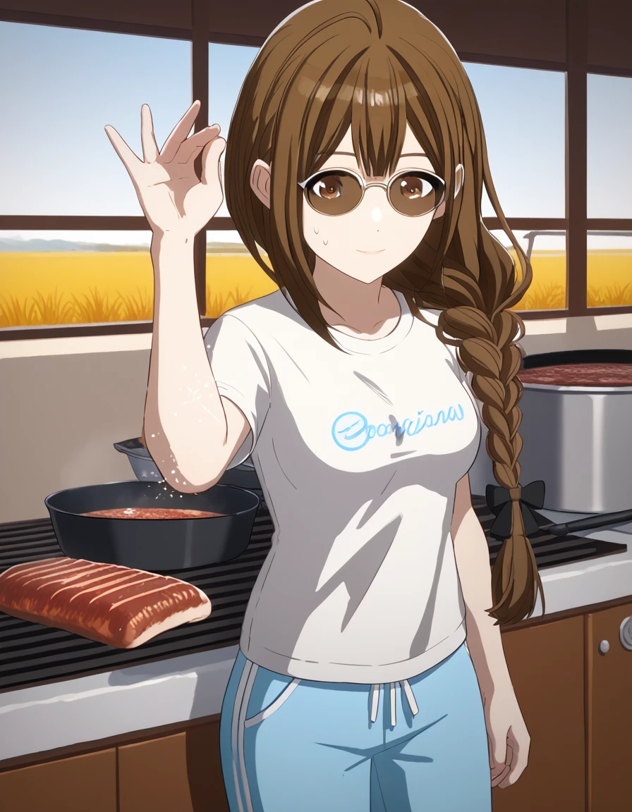 score_9, score_8_up, score_7_up, source_anime, <lora:chiyuki-kuwayama-s2-ponyxl-lora-nochekaiser:1>, chiyuki kuwayama, long hair, bangs, brown hair, brown eyes, braid, ahoge, single braid, hair over shoulder, braided ponytail, medium breasts,, shirt, white shirt, short sleeves, pants, t-shirt, blue pants, track pants, sweatpants,, shipyard, boats, construction, metal, workers, smile, <lora:salt-bae-ponyxl-lora-nochekaiser:1> salt bae, salt bae (meme), salt, springkling, meme, cooking, steak, sunglasses, mean, grilling, grill, frying pan, food, hand up,, looking at viewer, solo,, dutch angle, cowboy shot