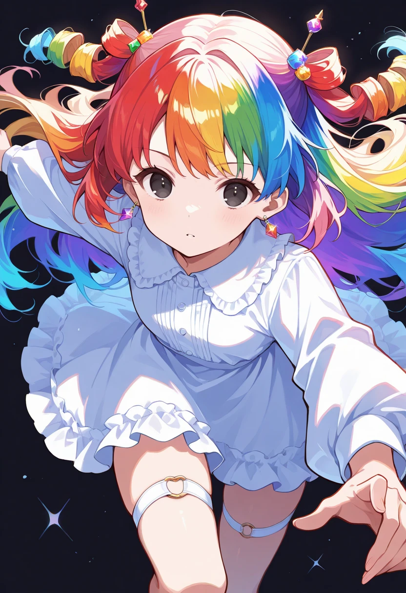 masterpiece, best quality, perfect anatomy, very aesthetic, ((outlined outlined vector graphics)),no norm,close up, front view, , cute face, (glow eyes:0.8), looking at viewer, glittering, glimmering, pink theme, 1girl,20yo, rainbow hair, black eyes, log hair, hair pin,small breast, slender,(white thigh strap:1.1),(black clohtes:1.1), , jewelry, earrings, parted lips,, long sleeve,black , action pose , expressionless <lora:rainbow-hair-il-01:1>