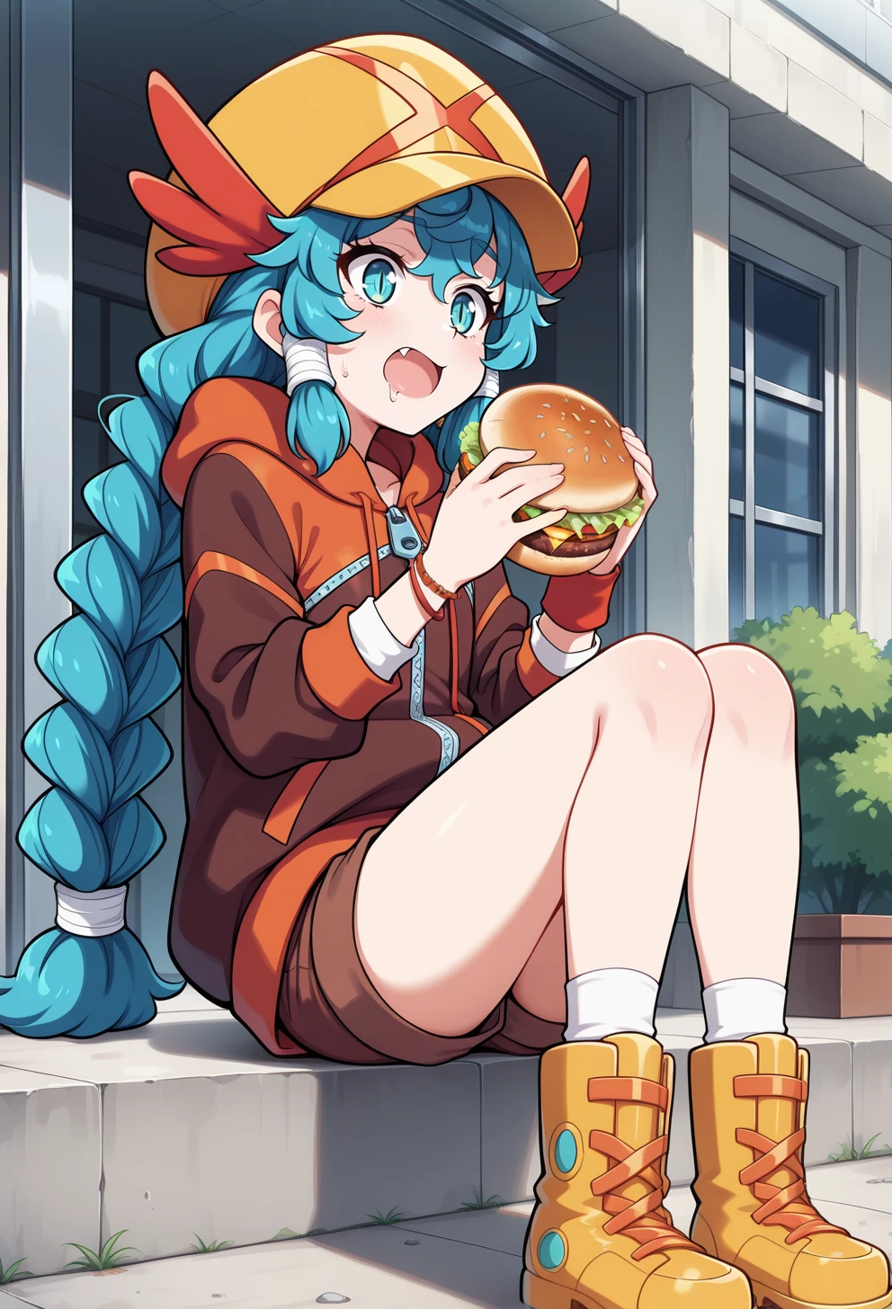 masterpiece, best quality, high quality, anime, <lora:AEMelIllx:1>AEMel, aqua eyes, slit pupils, blue hair, twin braids, sidelocks, hair tubes, very long hair, yellow hat, Brown hoodie, layered sleeves, short over long sleeves, zipper, bracelet, Orange wristband, Brown shorts, White socks, yellow boots, fang out,  open mouth, saliva, holding burger,