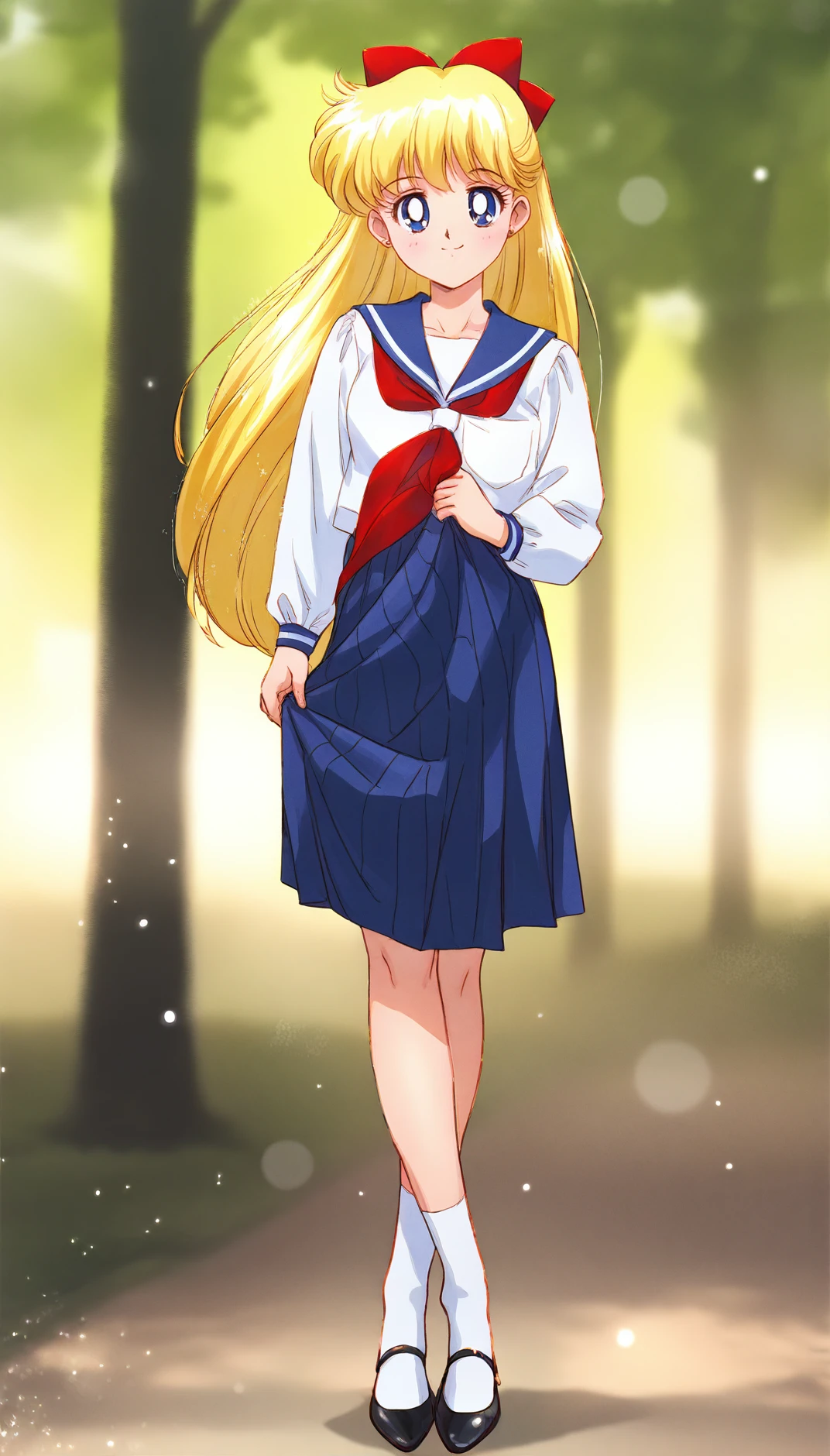 masterpiece,best quality,amazing quality,
<lora:ainominakoIL:1>,
ainominako,
1girl,solo,
blonde hair,long hair,bangs,red hair bow,golden earrings,
blue eyes,looking at viewer,smile,
white shirt,long sleeves,blue collar,red neckerchief,blue skirt,white socks,black strap flat shoes,
standing with crossed legs,left hand holding skirt,
blurry background,depth of field,vignetting,soft lighting,light particles,
park,