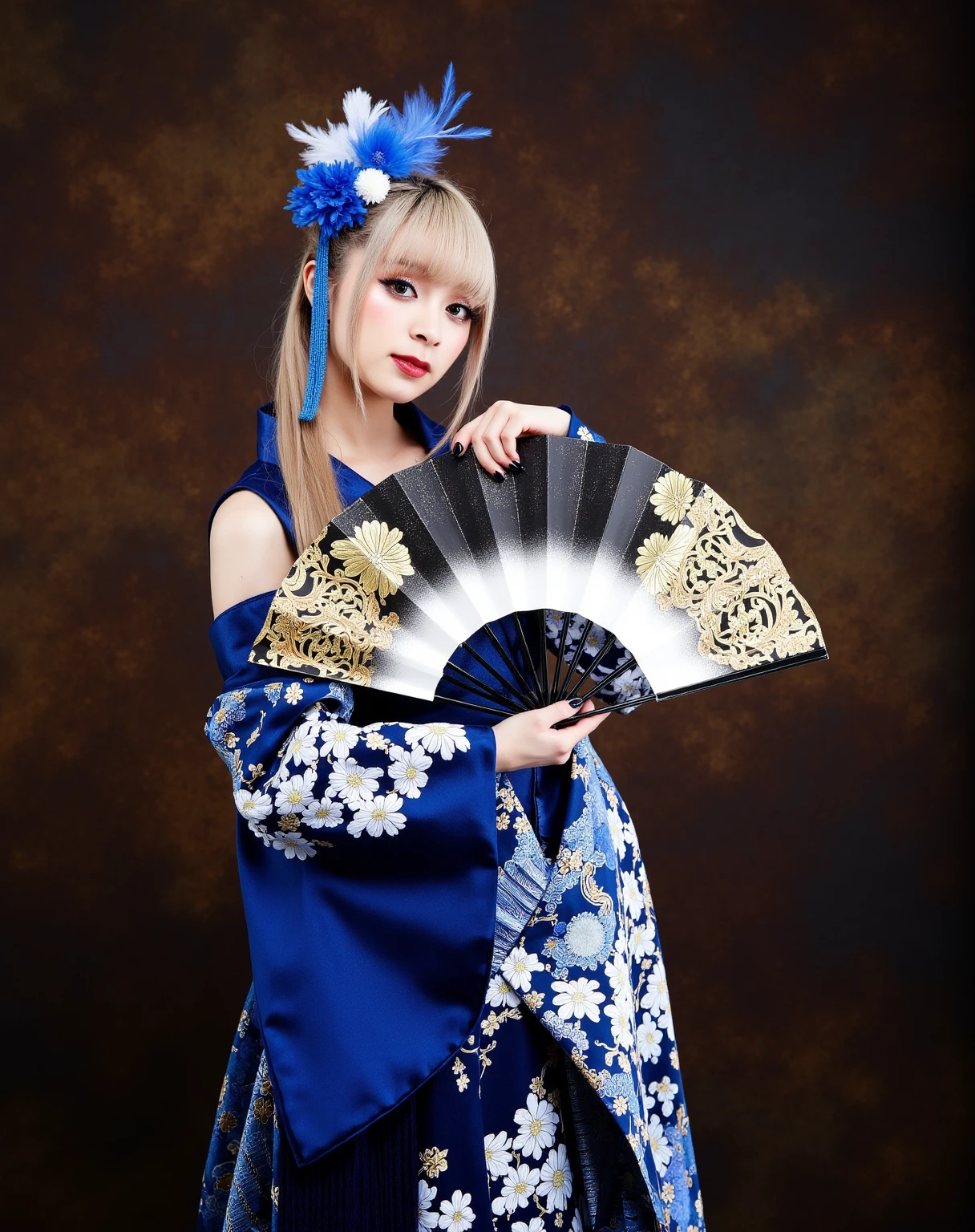 The image is a high-resolution photograph of a young woman with a fair complexion and long, straight, platinum blonde hair adorned with an elaborate hair accessory featuring blue and white flowers and feathers. She is dressed in a traditional Japanese kimono with a deep blue base and intricate patterns of white, blue, and gold. The kimono's sleeves are voluminous and adorned with floral designs in shades of blue and white. She holds a large, ornate fan in her right hand, which has a black and gold pattern with a central white area. Her makeup is bold and dramatic, featuring heavy eyeliner, dark lipstick, and a subtle blush. The background is a textured, dark brown, and slightly mottled surface that contrasts with her bright and colorful attire. The overall style is a blend of traditional Japanese and modern aesthetics, with a focus on elaborate and detailed clothing and accessories. The photograph captures the richness and depth of the colors and textures, emphasizing the elegance and sophistication of the subject.