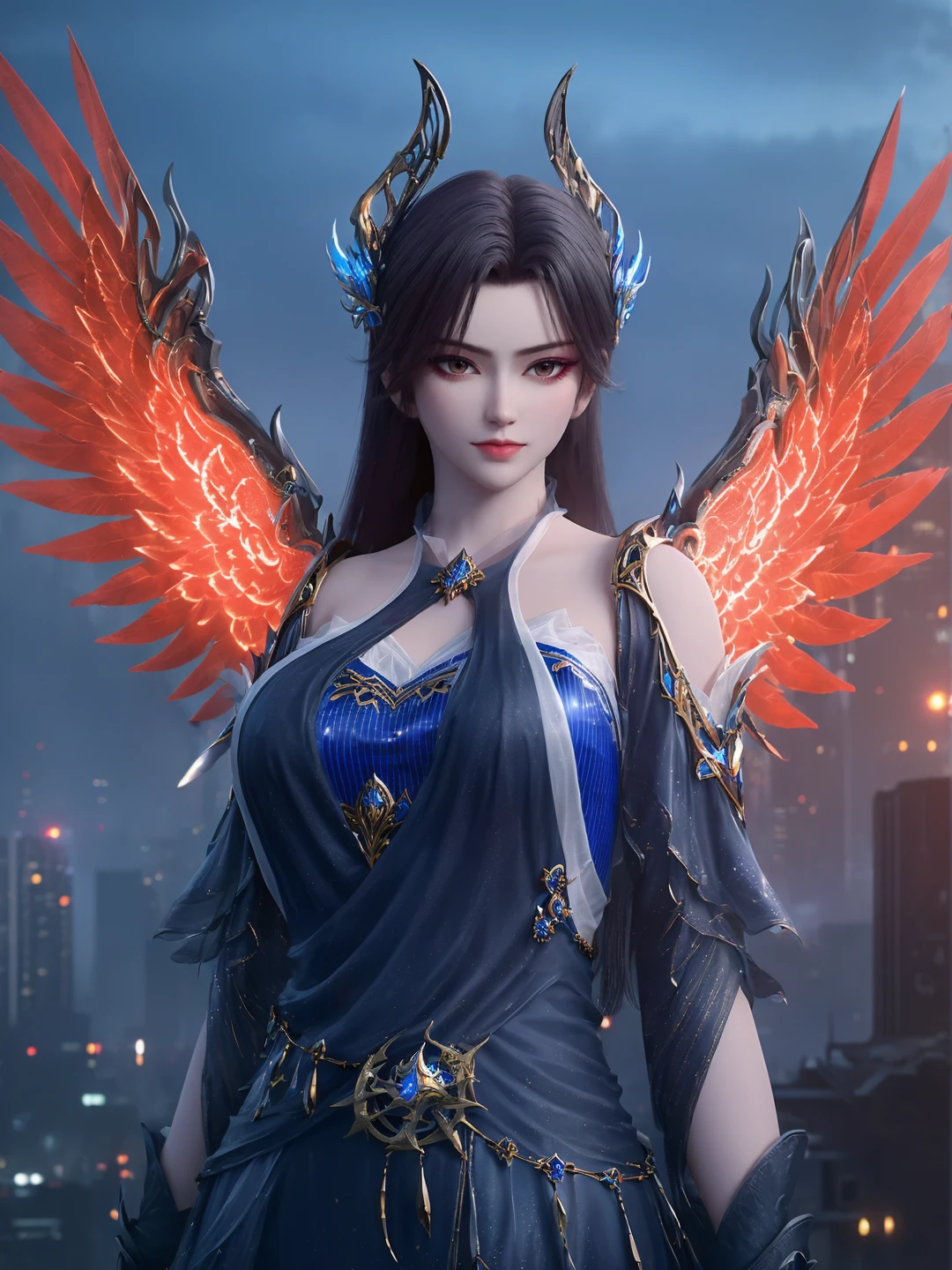 caoying,1girl,solo,hair ornament,phoenix wings,dress,gloves,looking at viewer,cyberpunk city,fantasy,depth of field,Highly detailed,(best quality:1.5,masterpiece:1.5),<lora:caoying-000010:0.85>,