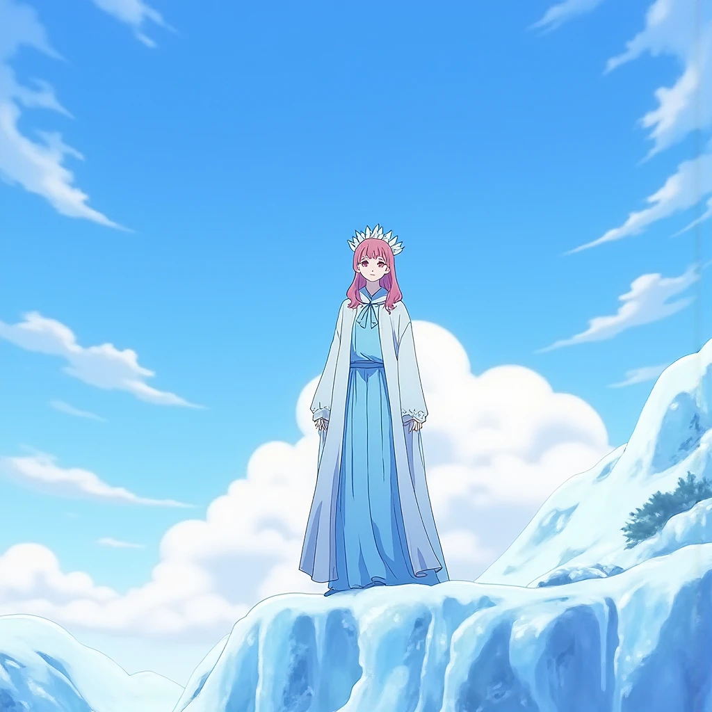 Yuki as an ice queen, standing atop a frozen mountain with a crown of icicles