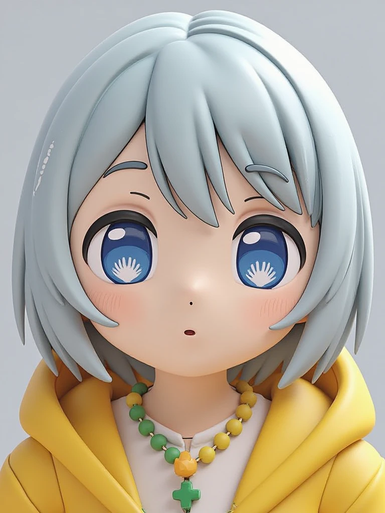 This image presents a stunning 3D photorealistic rendering of Luce. Her iconic silver-white hair is meticulously crafted with thousands of individual strands, while her striking blue eyes maintain their anime charm within realistic proportions. The skin texture features lifelike details including subtle pores and natural translucency. Advanced lighting techniques create soft shadows and highlights, bringing warmth to her gentle expression. The model perfectly balances anime aesthetics with human realism, creating a believable version of how Luce might appear in our world.