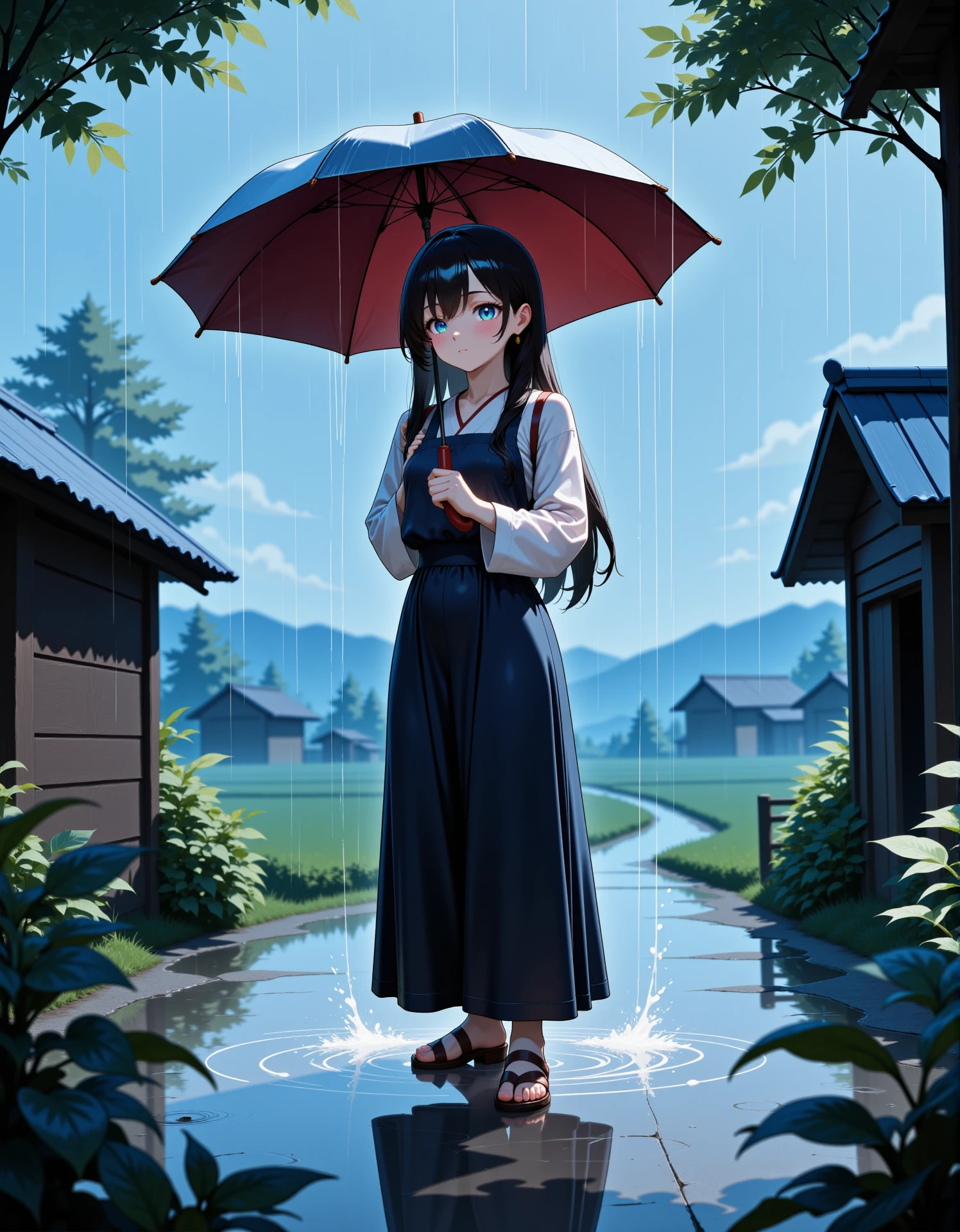 1girl with long black hair stands in the countryside, holding an umbrella as heavy rain pours down around her. She is wearing a simple rural outfit, with the backdrop showing traditional wooden houses and fields fading into the mist. The rain creates ripples in puddles and splashes off the umbrella, with water droplets visibly clinging to the leaves and surfaces. The atmosphere is melancholic yet serene, capturing the essence of a quiet, remote village during a rainstorm, looking at viewer,
masterpiece, best quality, ultra detailed, absurdres, high quality, amazing quality, perfect composition, incredibly absurdres, intricate details, very aesthetic, perfect hand, anime style, illustrious style,