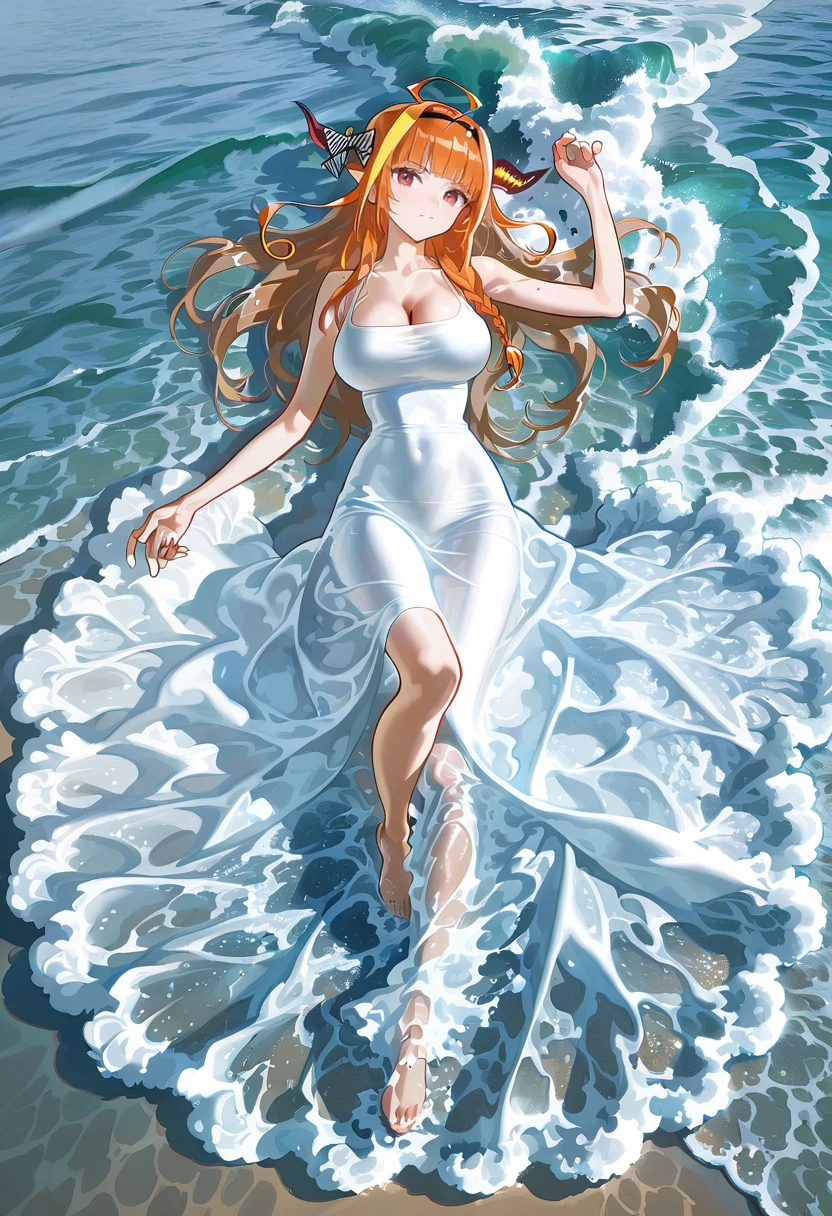 1girl,solo,looking at viewer,ikeda ruriko, water dress, waves, white dress, water, long dress, ocean, kiryu_coco,lying,beach