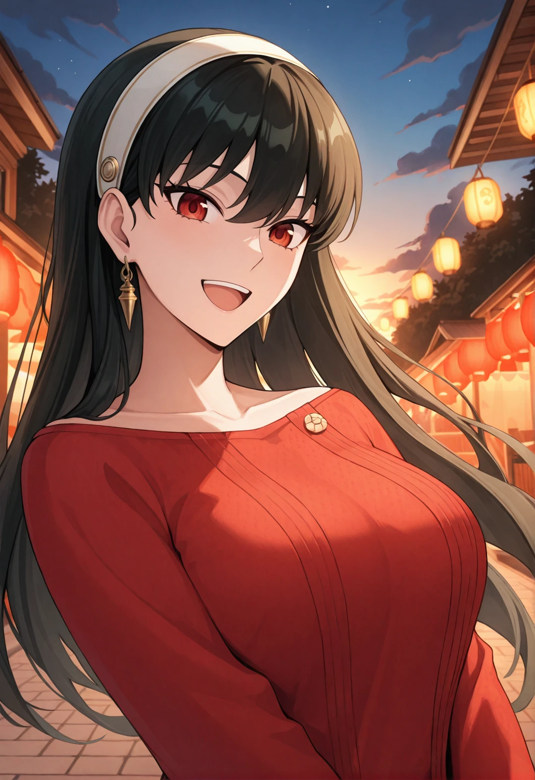 masterpiece, best quality, newest, absurdres, highres, Yor Forger, unique outfit, looking at viewer, cute, cute smile, portrait, front view, park, lanterns, festival, clouds, sunset, dark, warm light, open mouth
 <lora:Yor_Forger:0.8>