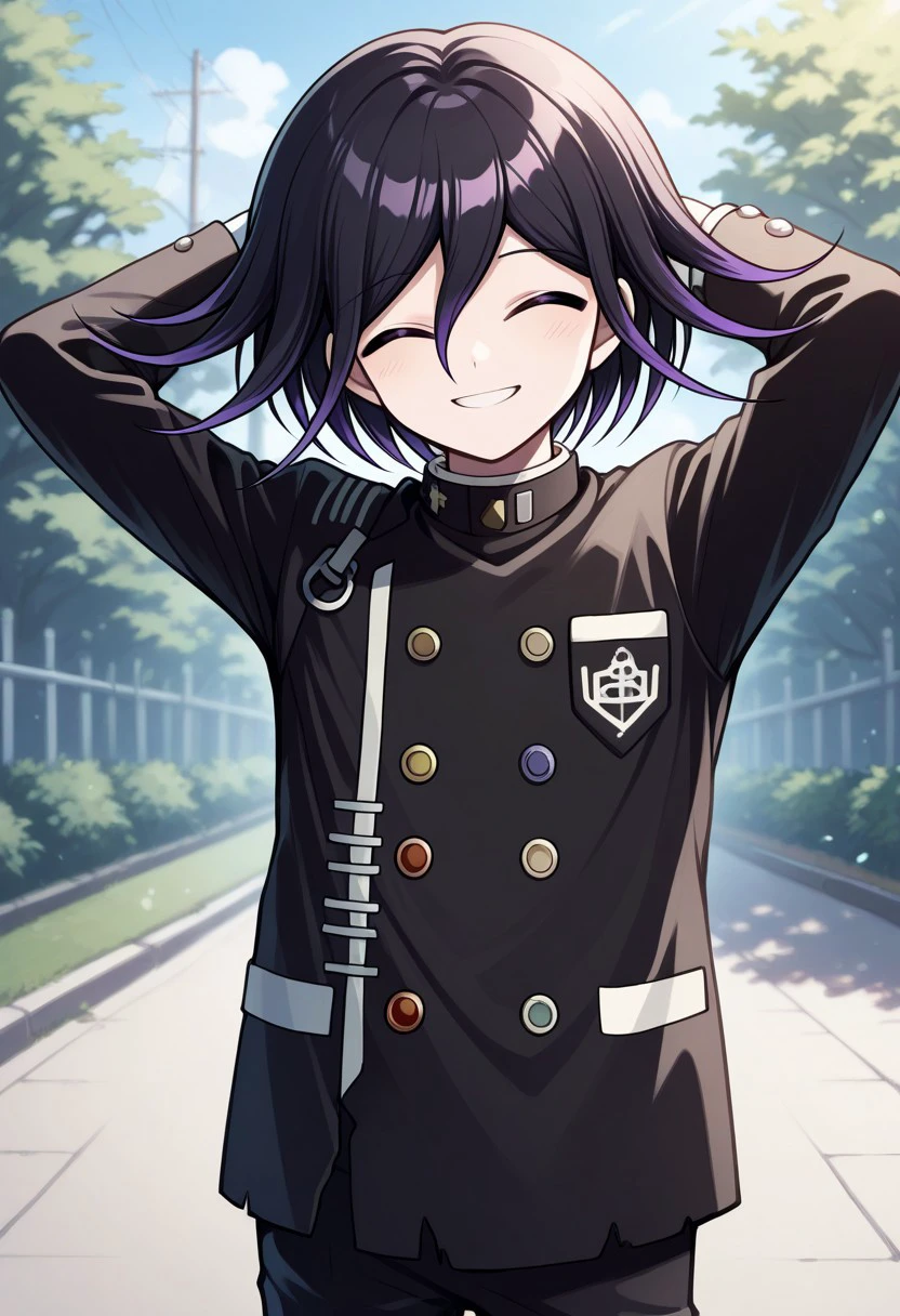 masterpiece, best quality, 
kokichi, 1boy, male focus, solo, closed eyes, black hair, purple hair, multicolored hair, medium hair, hair between eyes, bangs, school uniform, gakuran, jacket, black jacket, long sleeves, pants, black pants, hands behind head, happy, smile,
outdoor,