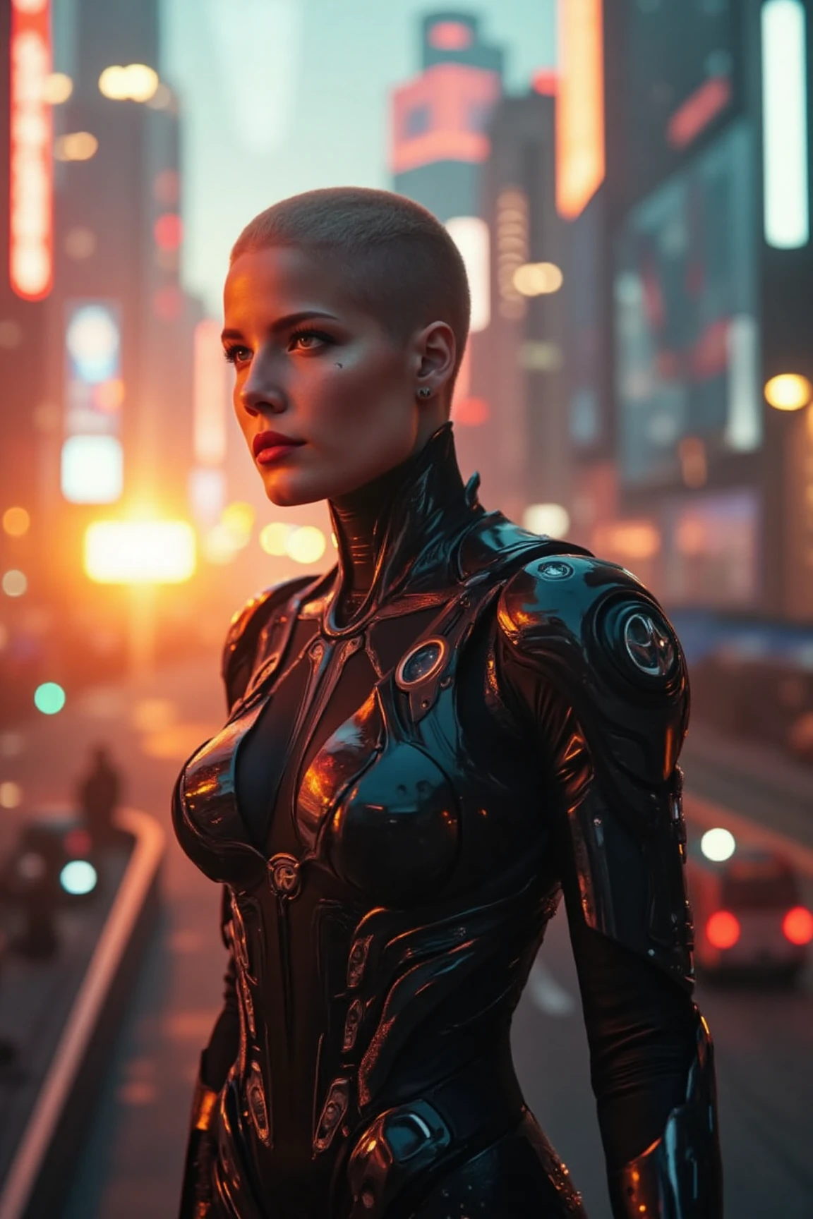 a striking woman with a BUZZ CUT HAIR, stands confidently in a futuristic cityscape at sunset. Soft, even lighting casts a warm glow on her features, accentuating the intricate details of her cybernetic robot attire. Her face, a masterwork of precision and beauty, is framed by medium-length portrait proportions. Eyes gleam with intensity as she surveys the neon-lit metropolis behind her, where towering skyscrapers and holographic advertisements blur into a futuristic haze.,halseyflx