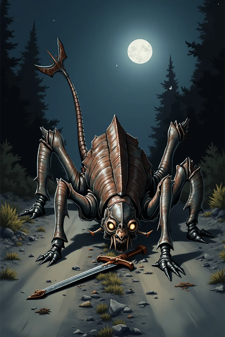 A rust monster crouched on a dusty, moonlit road, its metallic body glinting faintly as it devours a rusting sword dropped by a fleeing adventurer. The creature's antennae twitch eagerly, its glowing eyes reflecting the dim light of the full moon. The road is framed by shadowy trees and overgrown bushes, with faint tire tracks and scattered debris adding to the desolate atmosphere. The shot is close-up, emphasizing the monster's textured, rusted body and the corroding sword in its grasp. The lighting is moody, with soft highlights and deep shadows creating a tense, eerie scene of destruction and abandonment.