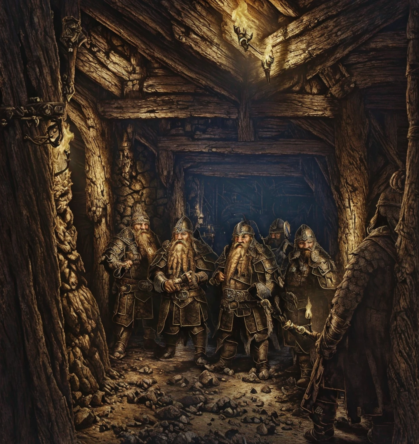 RAW photo, (masterpiece:1.3), subsurface scattering, heavy shadow, (high quality:1.4), (intricate, high detail:1.2), professional photography, HDR, High Dynamic Range, realistic, ultra realistic, photorealistic, high resolution, film photography, ambient lighting, atmospheric effects, <lora:detail_slider_v4:2>, OverallDetail, a group of dwarves, long beard, wearing intricate armor, belt, cape, dwarfwarrior, <lora:DwarfWarrior:0.8>, in an abandoned fantasy medieval mine, stone walls and ceiling, torches, <lora:Underground_Mine:1>, undmi, epiCPhoto