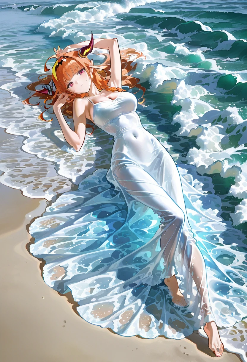 1girl,solo,looking at viewer,ikeda ruriko, water dress, waves, white dress, water, long dress, ocean, kiryu_coco,lying,beach